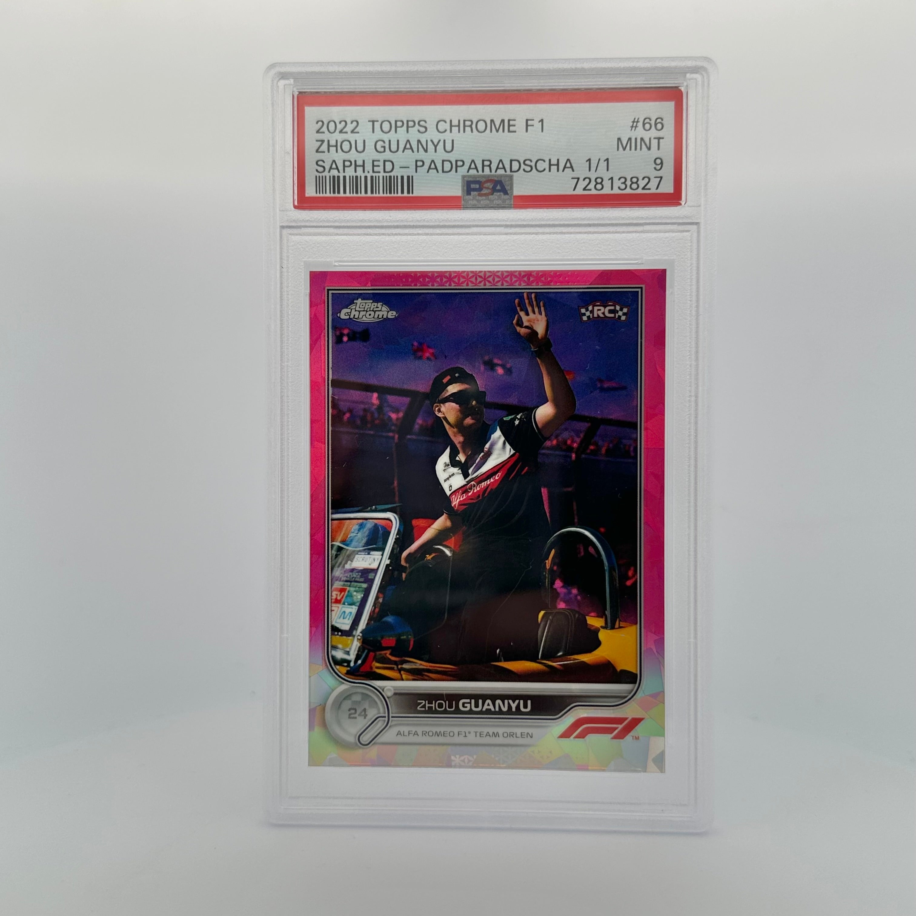 2022 Topps Chrome Sapphire Formula 1 Zhou Guanyu #66 PSA 9 Padparadscha 1/1 Rare Racing Card - Perfect for F1 Collectors & Sports Memorabilia Displays