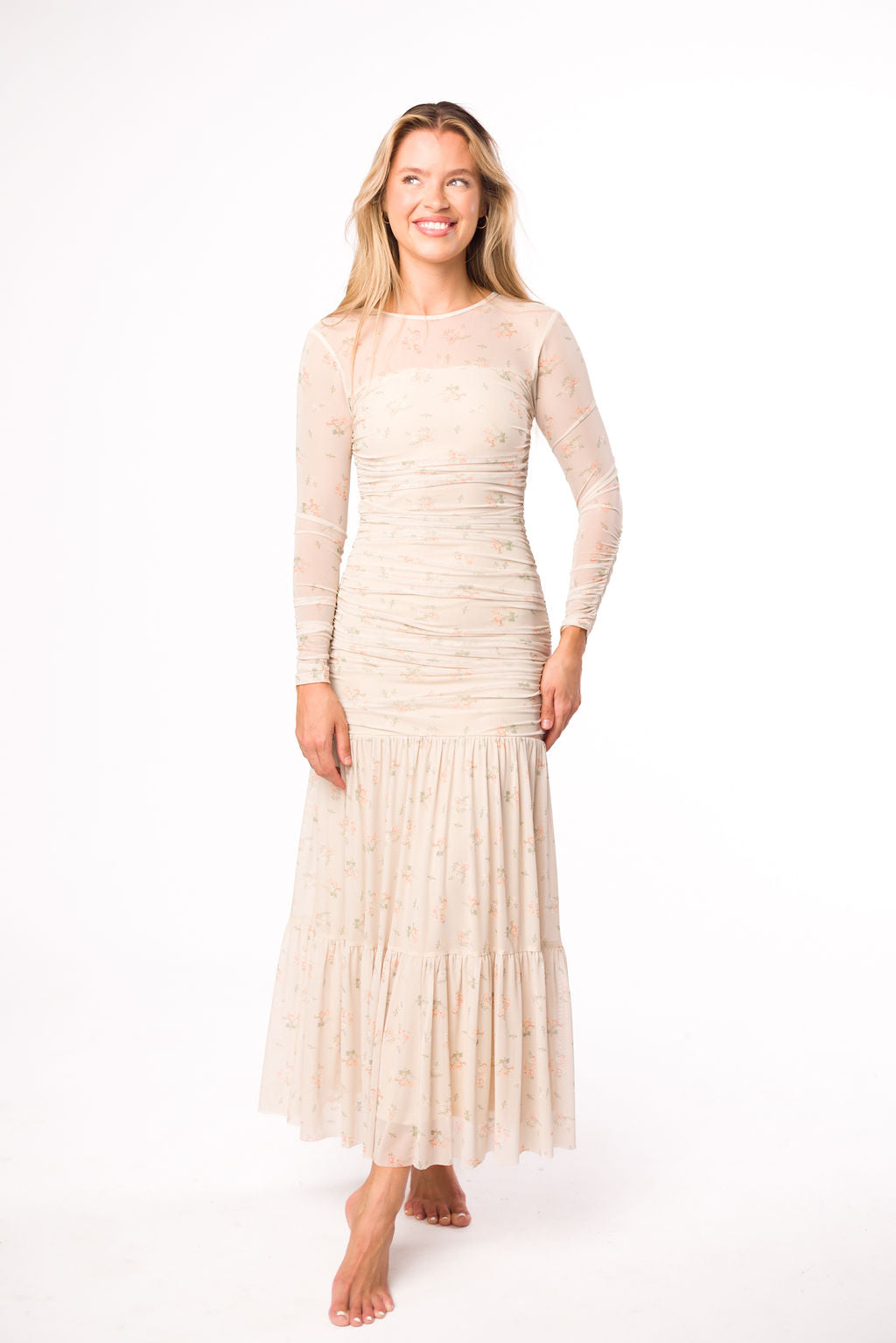 Camille Mesh Gathered Side Seam Maxi Dress in Nude Multi Floral - Bump Friendly Maternity Dress for Pregnancy, Nursing & Special Occasions | Perfect for Baby Showers, Weddings & Summer Vacations