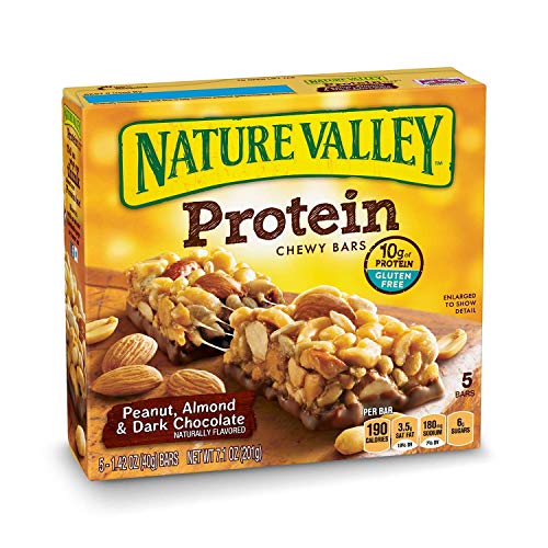 Nature Valley Protein Chewy Granola Bars - Peanut, Almond & Dark Chocolate, Gluten Free Snacks, 1.4 Oz (5 Bars per Pack, 18 Boxes) - Perfect for Hiking, Office Snacks & Healthy On-the-Go Breakfast