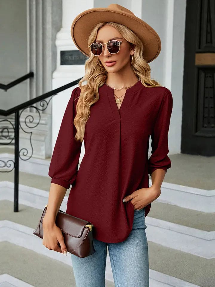 Notched Neck Three Quarter Sleeve Blouse for Women | Elegant Office & Casual Wear | Perfect for Work, Date Night & Special Occasions