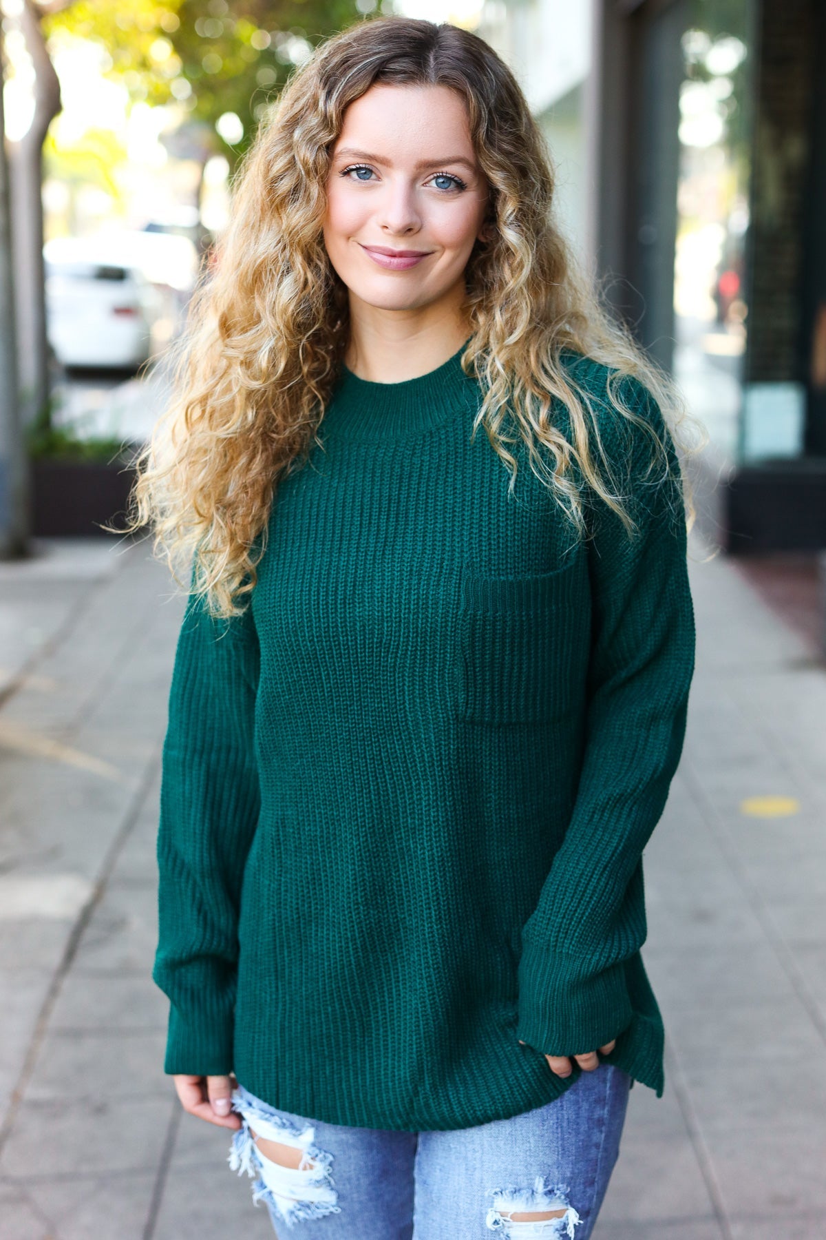 Stylish Hunter Green Mock Neck Knit Sweater with Chest Pocket - Cozy Winter Wear for Women | Perfect for Casual Outings & Office Attire