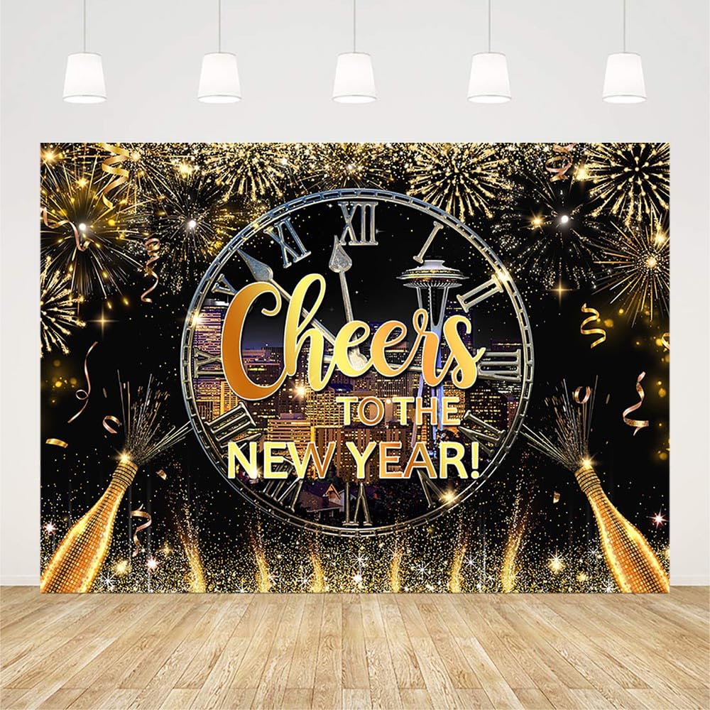 7x5ft Black Gold Happy New Year Backdrop 2025 - Kiss Me at Midnight Photography Background for New Year's Eve Party Decorations, City Night Firework Champagne Banner Photo Props - Perfect for NYE Celebrations, Countdown Parties & Social Media Photos