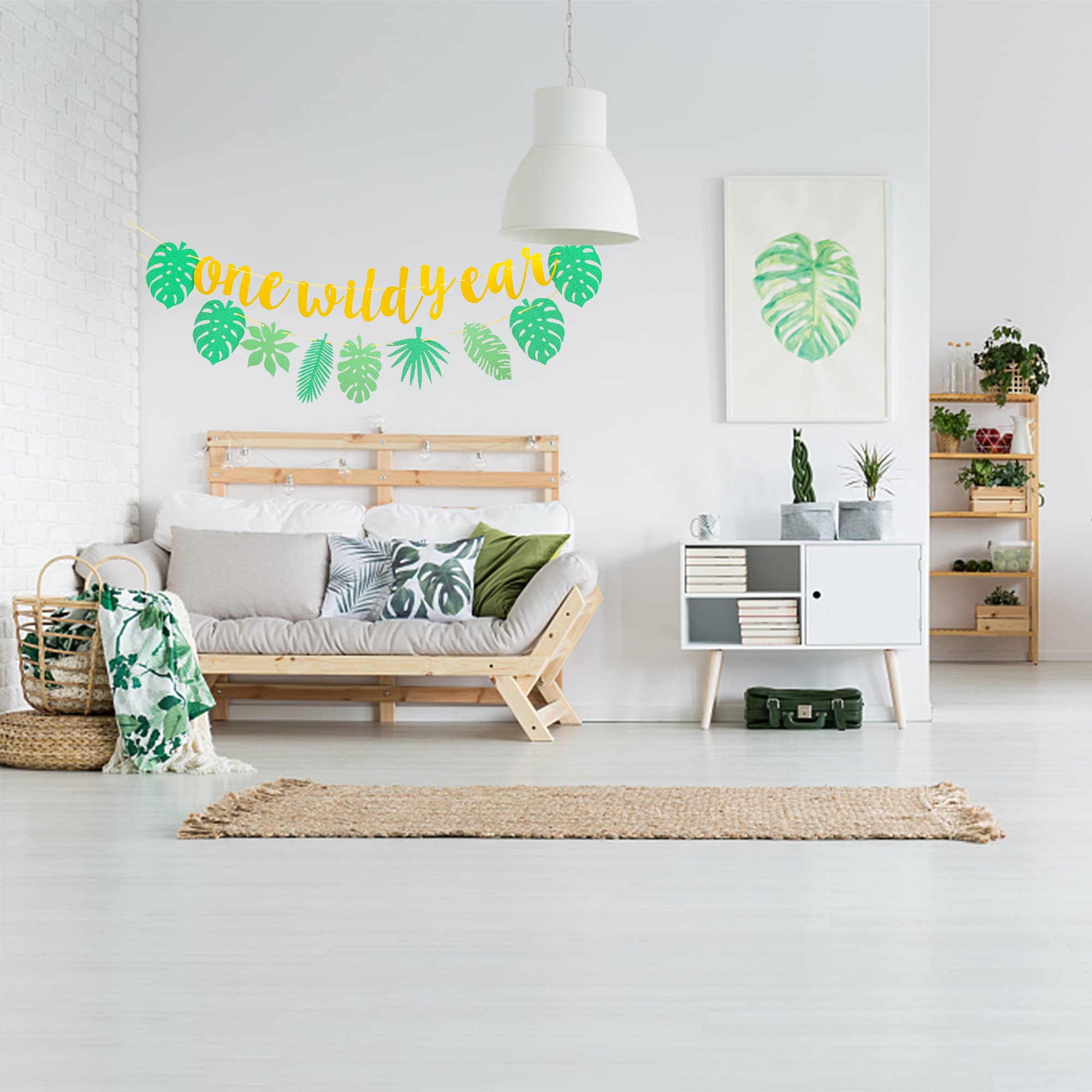 Gold Glitter Wild One Birthday Banner with Tropical Palm Leaves & Turtle - 1st Birthday Party Decor, Baby Shower Garland Sign - Perfect for Jungle Theme Celebrations, Nursery Wall Decor & Photobooth Backdrops
