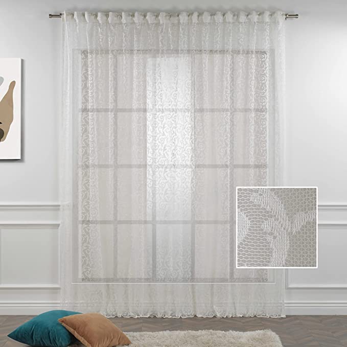 Premium Cream Lace Sheer Curtains Set of 2 Panels - Extra Long 204