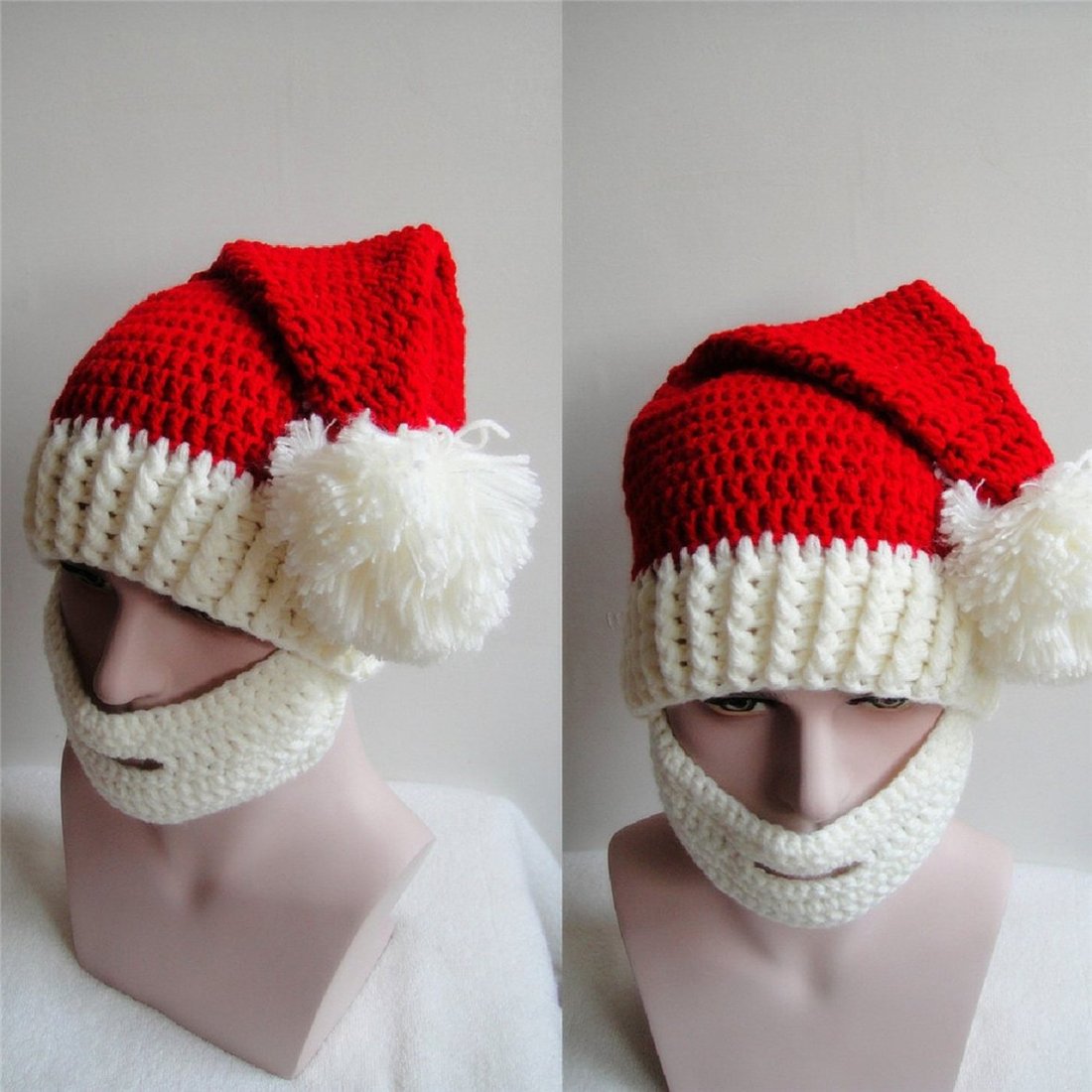 Kafeimali Unisex Christmas Winter Knitted Beanie Santa Hat with Beard - Warm Fleece Lined Bearded Cap for Holiday Parties & Outdoor Activities