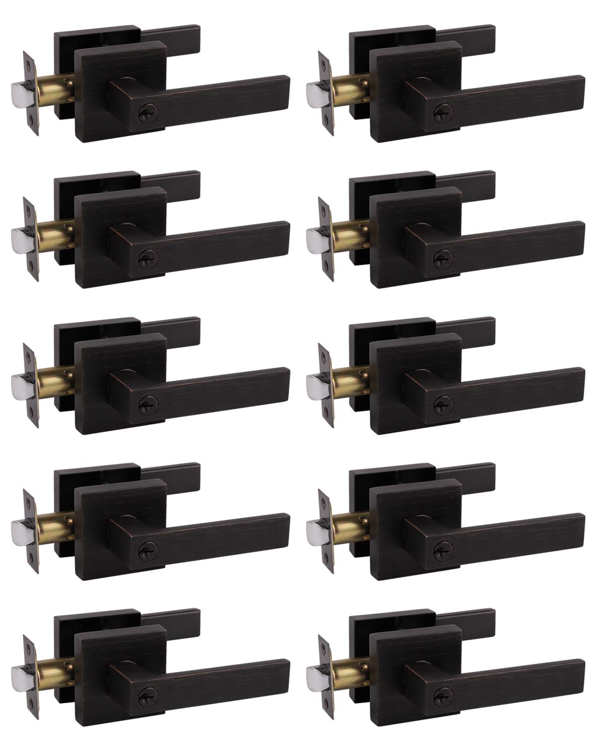 Probrico 10 Pack Keyed Entry Lever Door Handles with Lock & Different Keys - Square Locking Leverset for Front Door or Office - Heavy Duty Oil Rubbed Bronze - Right & Left Handed Installation - Perfect for Home Security, Office Privacy & Commercial Buildings