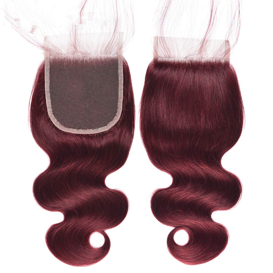 99J Wine Red Brazilian Virgin Human Hair Weaves - 4X4 Lace Closure & 3 Bundles (16 18 20 with 16C) | Mink Burgundy Body Wave Pre-Plucked Hairline with Baby Hair | Perfect for Protective Styles, Wig Making & Everyday Glam