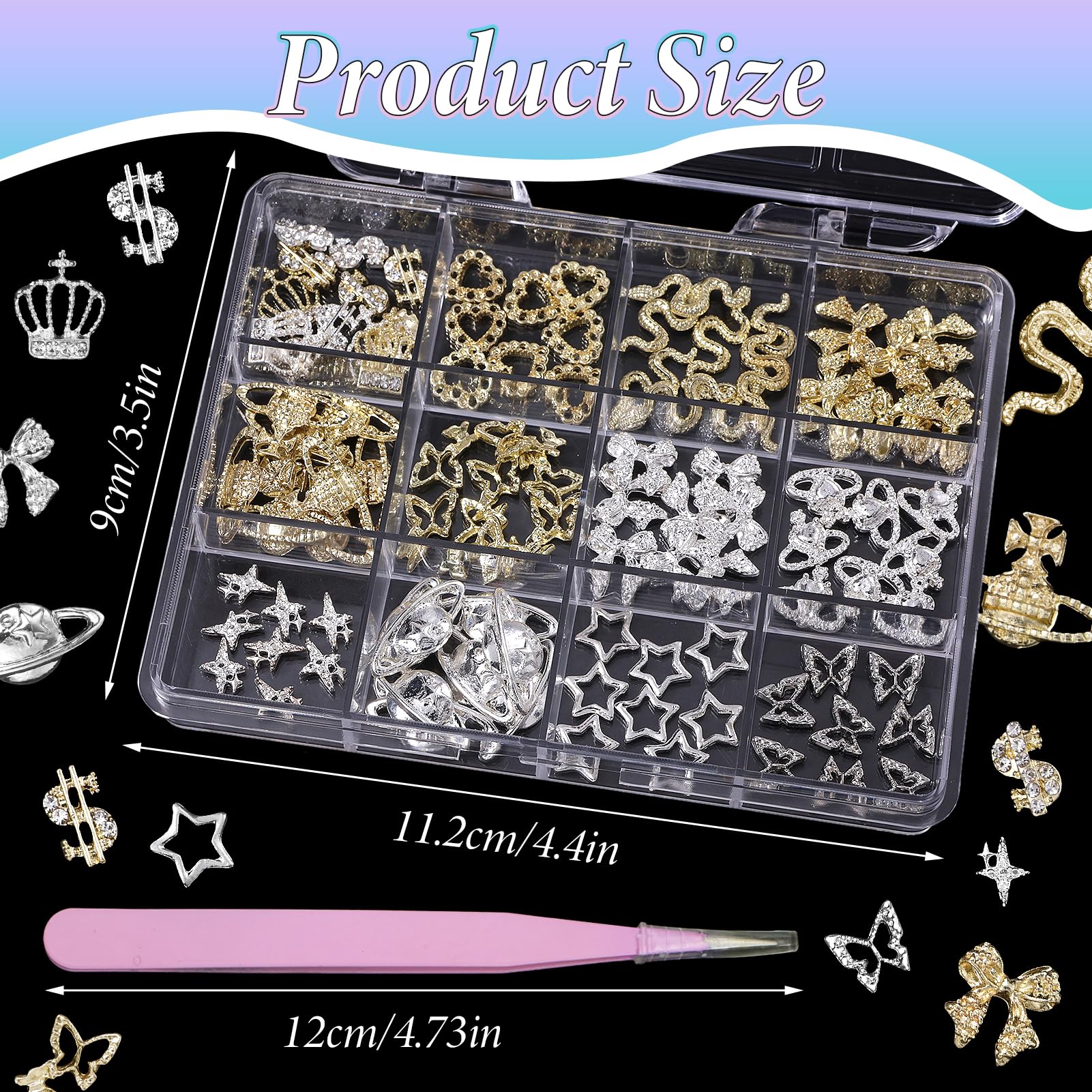 100 Pcs Gold & Silver Star Bow Nail Charms, 3D Crown & Dollar Nail Art Charms, Snake Alloy Nail Decorations for DIY Manicure - Perfect for Parties, Weddings, and Nail Art Enthusiasts