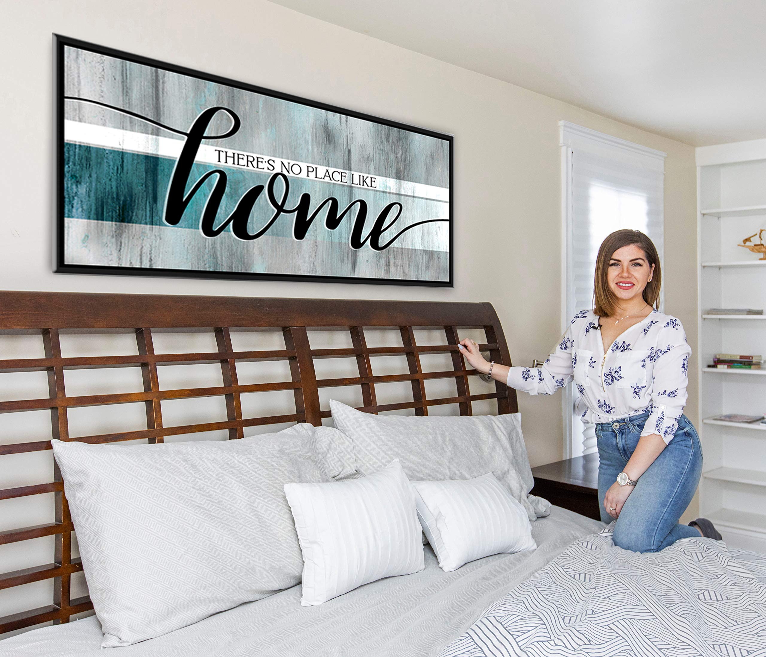 Farmhouse Wall Decor Sign - Rustic Home Decoration with Teal Background & Black Floating Frame (60x27 in) - Perfect for Living Room, Housewarming Gifts & Cozy Farmhouse Style | Wall Art for Home, Office & Entryway Décor