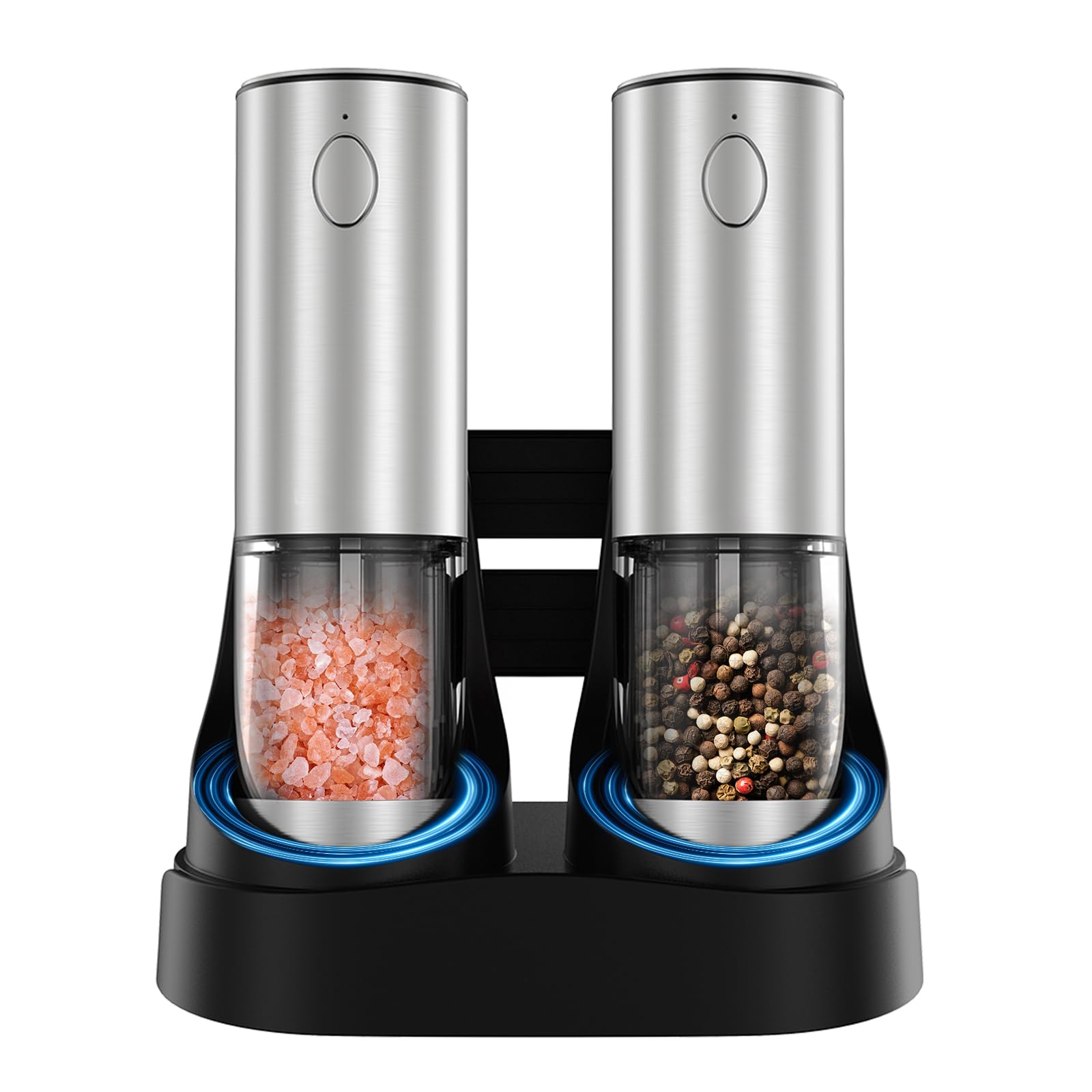 Premium Electric Salt and Pepper Grinder Set - Rechargeable Automatic Spice Mill with Adjustable Coarseness, LED Light & Charging Base - Perfect for Kitchen, Dining Table, Camping and Gifts (Black)