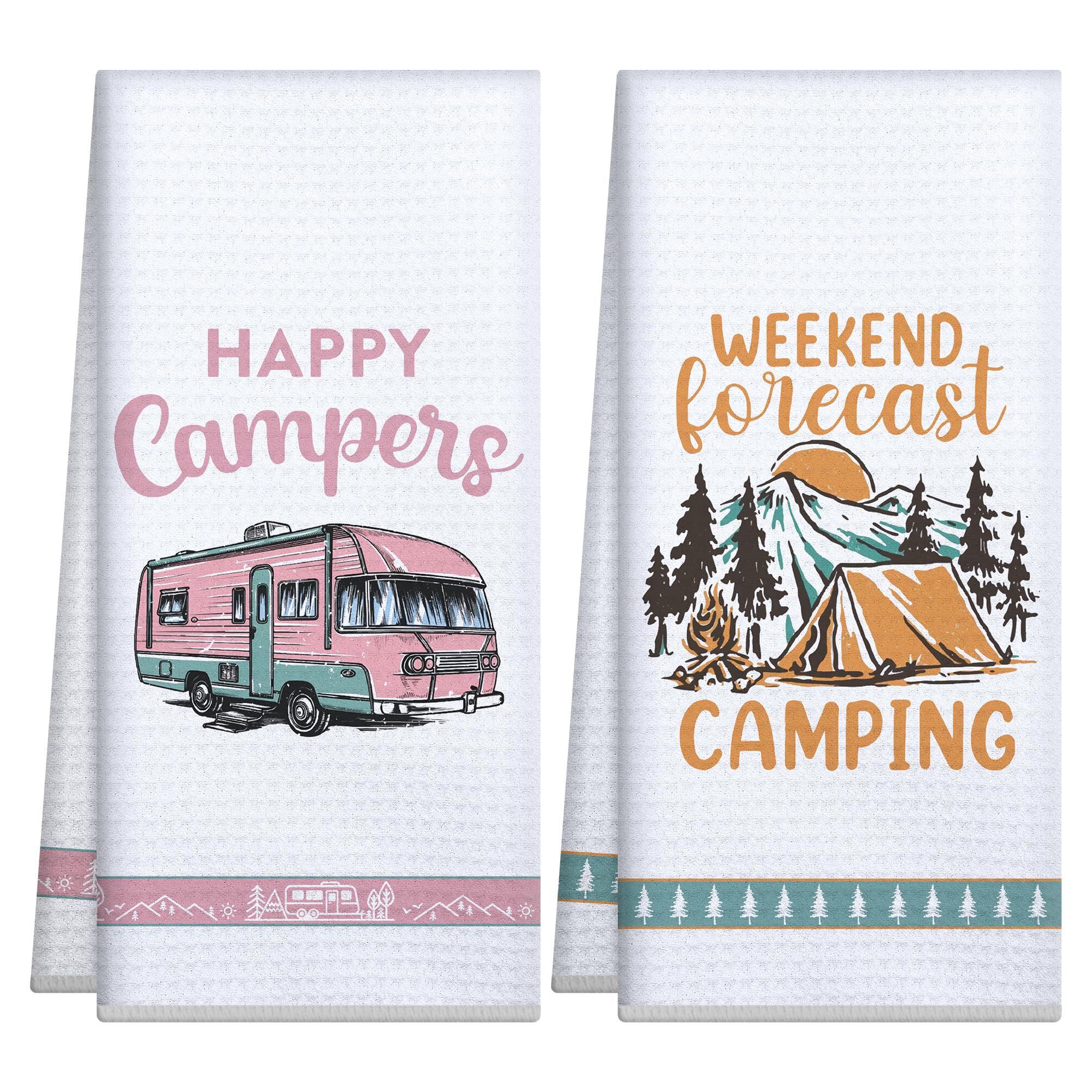 Happy Camper RV Kitchen Towels 2 Pack - Absorbent Cotton Dish Cloths for Camping, RV & Farmhouse Decor - Perfect Housewarming Gifts & Camping Kitchen Essentials (Use for Drying Dishes, Cleaning Surfaces & Cozy Kitchen Decor)
