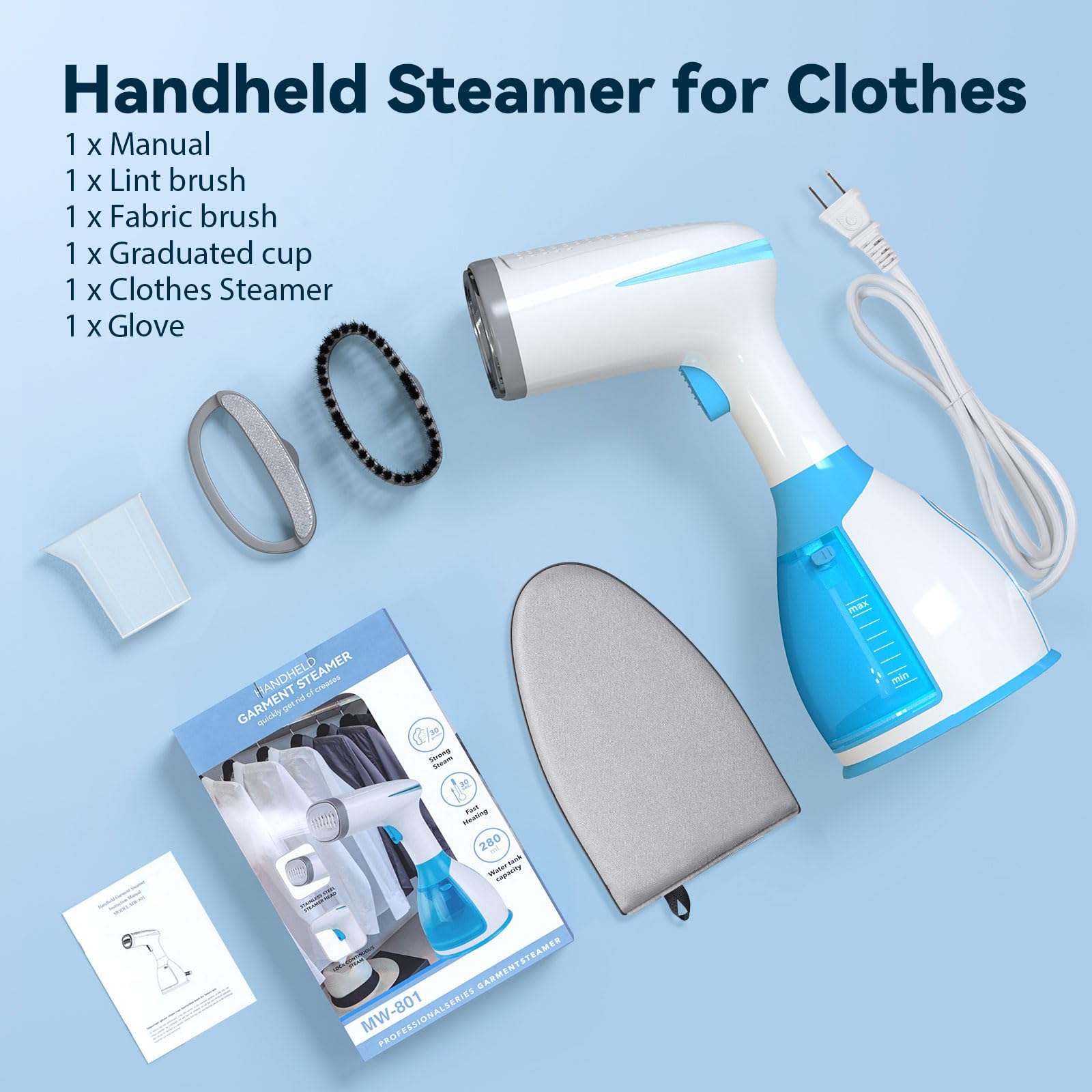 Portable Handheld Steamer for Clothes - 15 Second Fast Heat-up, 280ml Large Water Tank with Strong Steam for Wrinkle Removal | Perfect for Travel, Home & Office Use (Includes Ironing Glove for Wet & Dry Ironing)