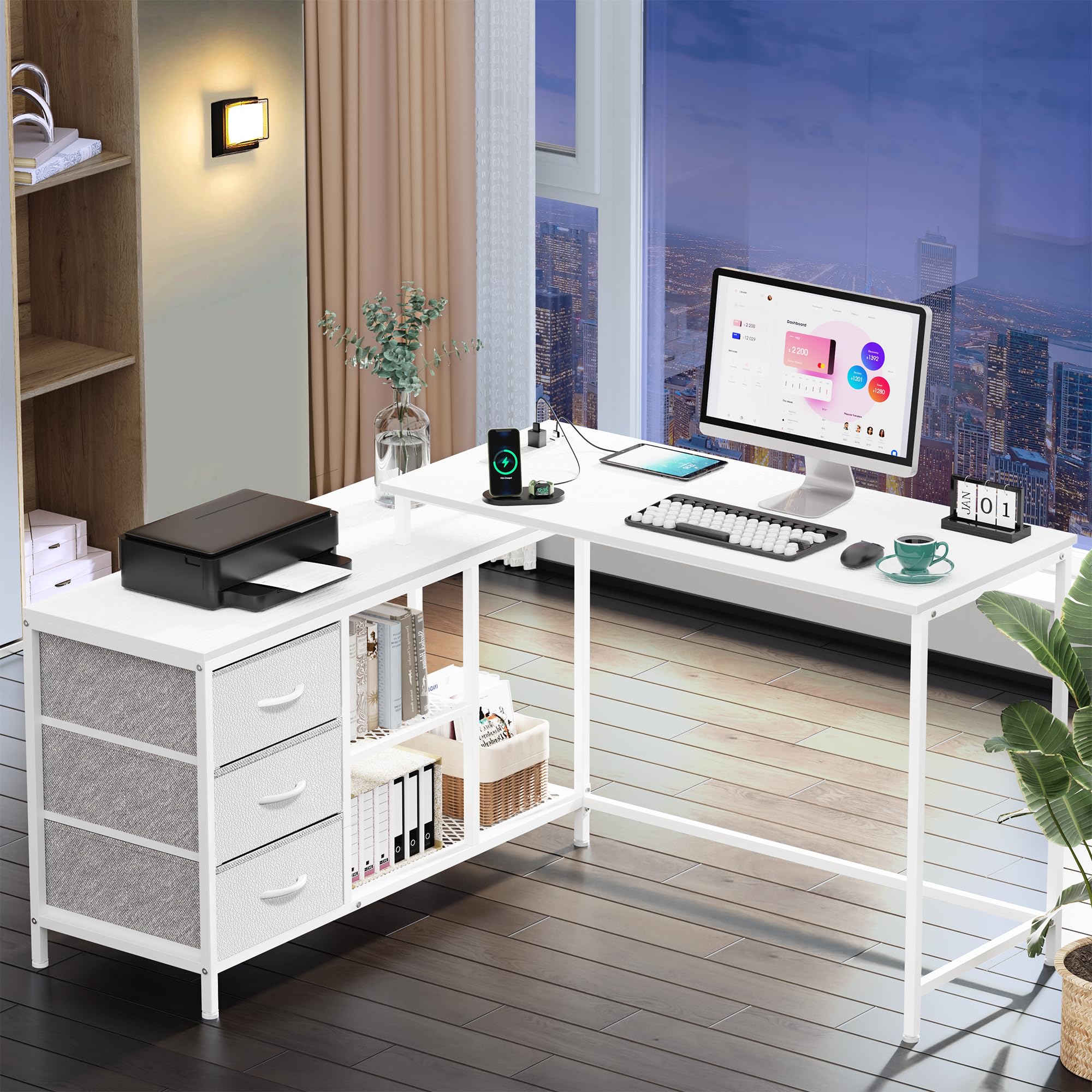 SUPERJARE L-Shaped Desk with Power Outlets & USB Ports, Home Office Computer Desk with Storage Drawers & Shelves, Ergonomic Corner Gaming Desk for Small Spaces - White (Perfect for Home Office, Gaming Setup & Remote Work)