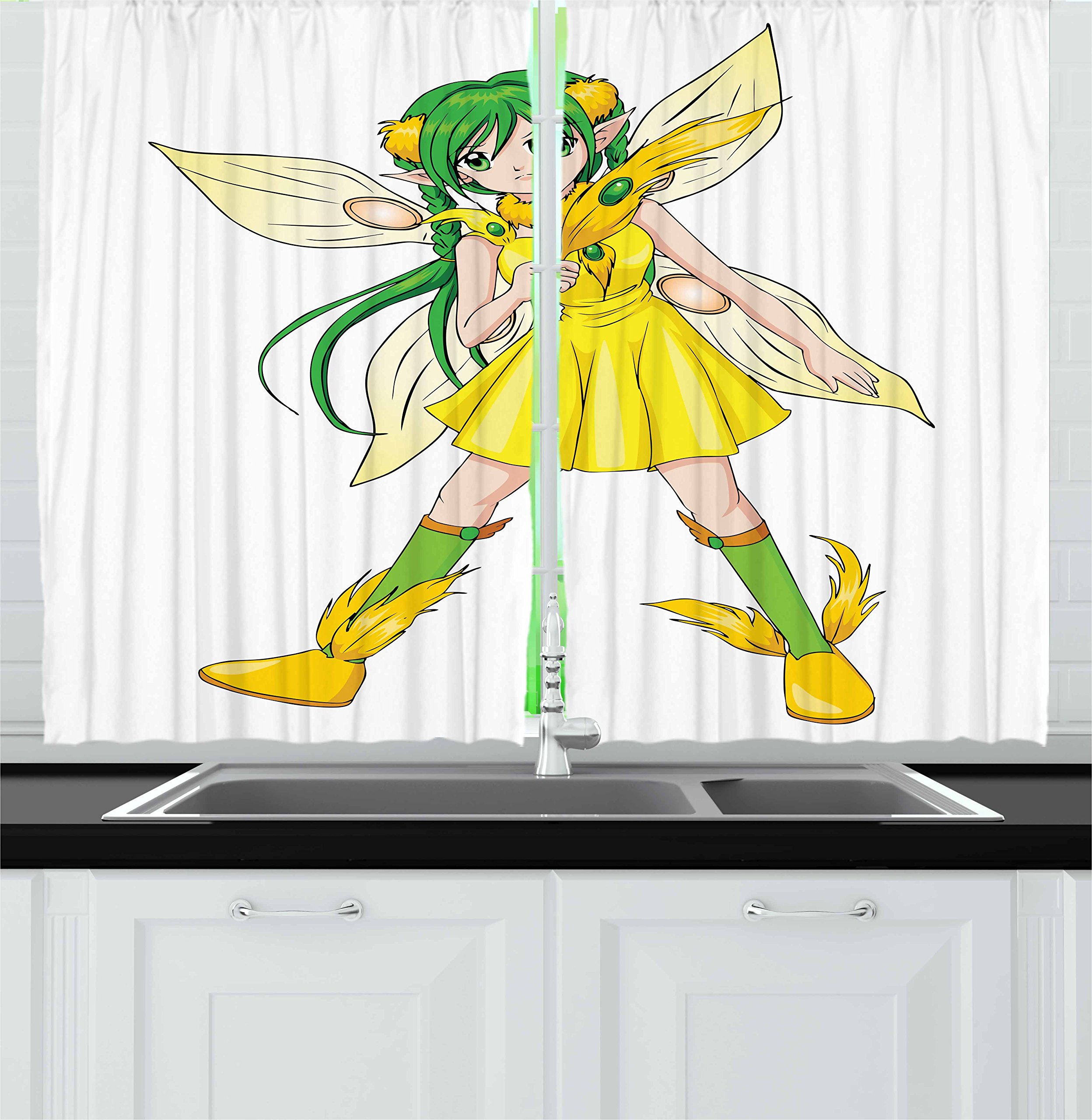 Ambesonne Anime Kitchen Curtains Set of 2 Panels - Japanese Manga Fantasy Lady Illustration on Plain Background, 55
