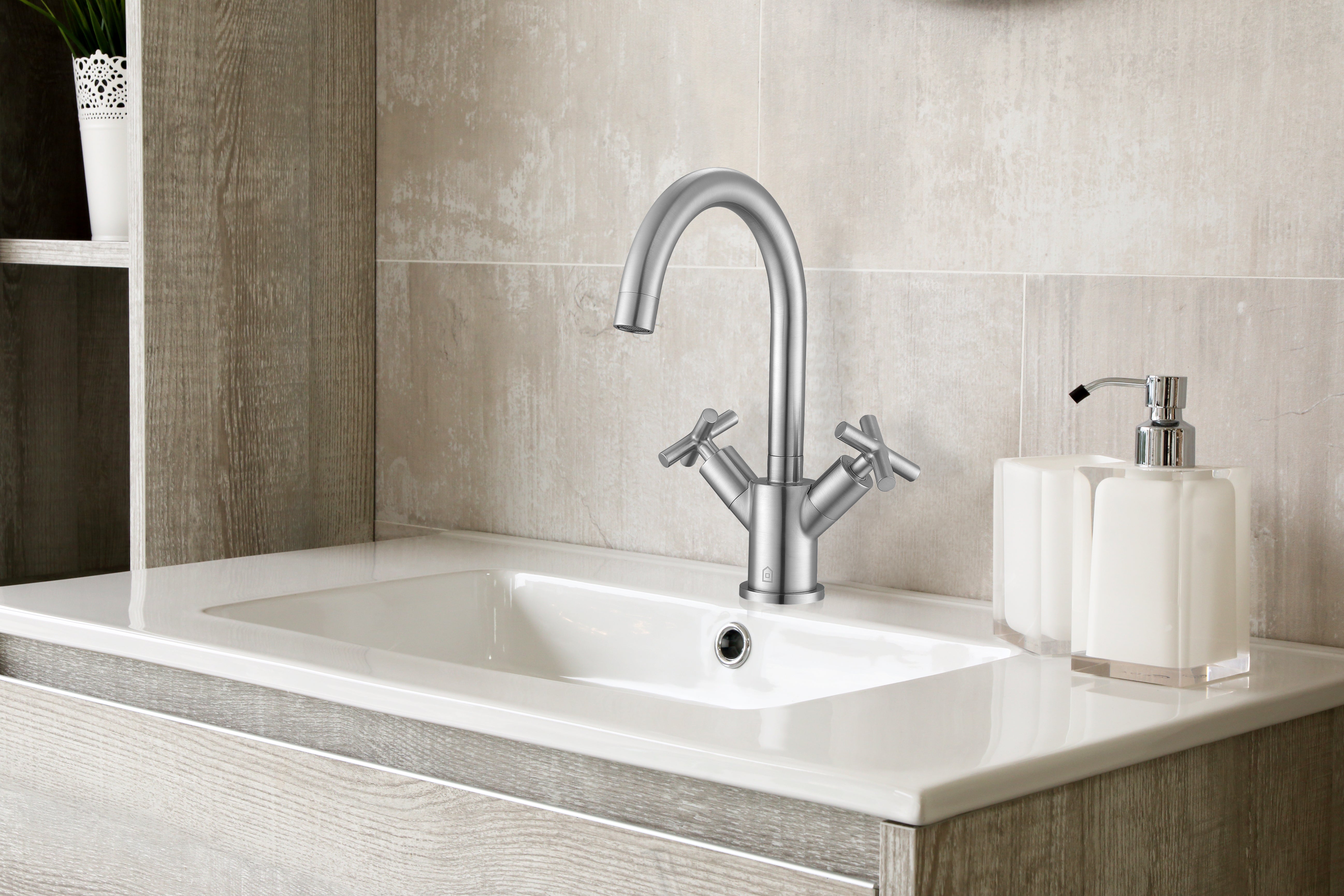 Ava Series Single Hole Cross Handle Bathroom Faucet in Brushed Nickel - Modern Water-Saving Design for Vanity Sink, Powder Room & Guest Bath Installation