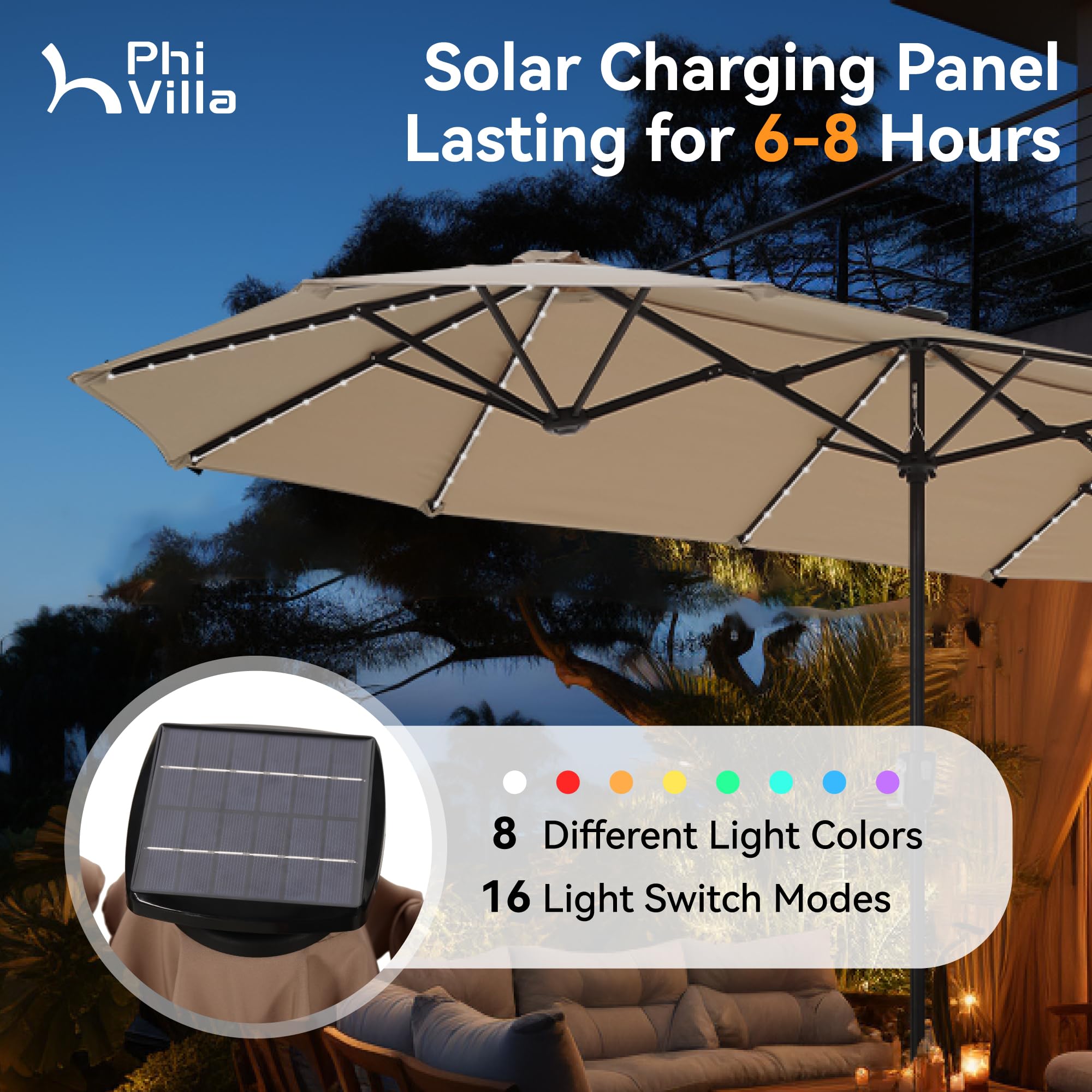 PHI VILLA 13ft Large Outdoor Patio Umbrella with 120 Solar LED Lights - Double-Sided Rectangle Market Umbrella for Deck, Poolside & Backyard (Beige, Base Not Included) | Perfect for Summer BBQs, Garden Parties & Outdoor Dining
