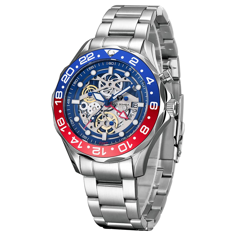**TSAR BOMBA Luxury Automatic Square Skeleton Watch for Men – 50M Waterproof Mechanical Silver Wrist Watch with Silicone Strap – Stylish & Unique Replica Tonneau Design – Perfect for Business, Casual & Formal Occasions**