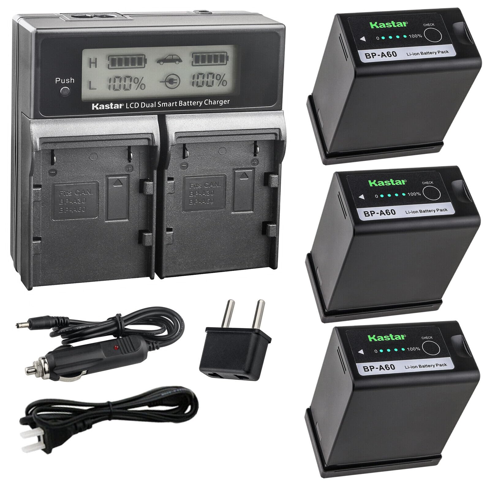 Kastar 3-Pack BP-A60 Battery and AC LCD Dual Fast Charger for Canon EOS C200/C200B/C220B/C300 Mark II Cinema Cameras - Perfect for 4K UHD Filmmaking, Documentary Shooting & Professional Video Production