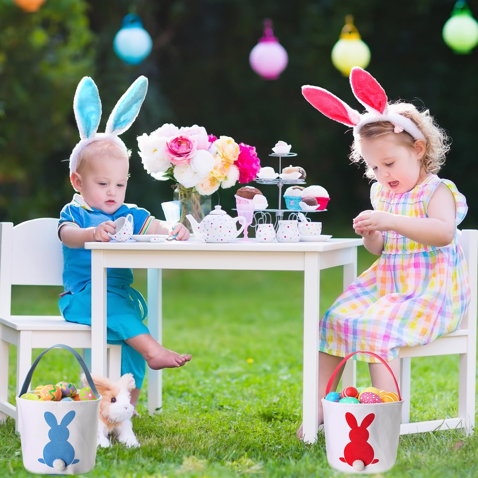 Domensi 6-Piece Bunny Easter Basket Set with Plush Bunny Headbands for Kids & Adults - Small Canvas Easter Baskets Bulk for Easter Egg Hunt Favors (9x9.45 Inches) - Perfect for Easter Parties, Classroom Treats & Spring Celebrations