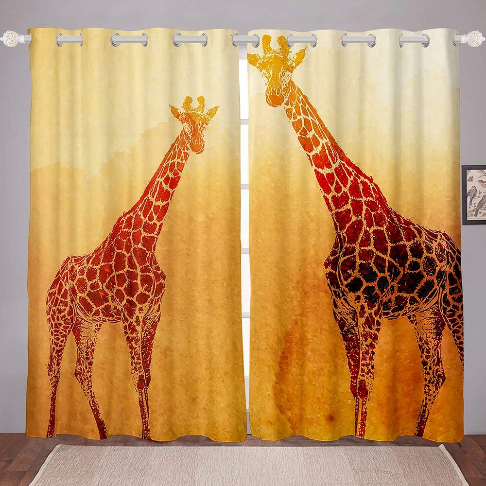 Cartoon Giraffe Window Curtains - Orange Animal Print Blackout Curtain Panels with Rod Pocket, 104x96 Inches (2 Panels) for Kitchen, Bedroom & Living Room - Fun Kids Room Decor & Nursery Window Treatment