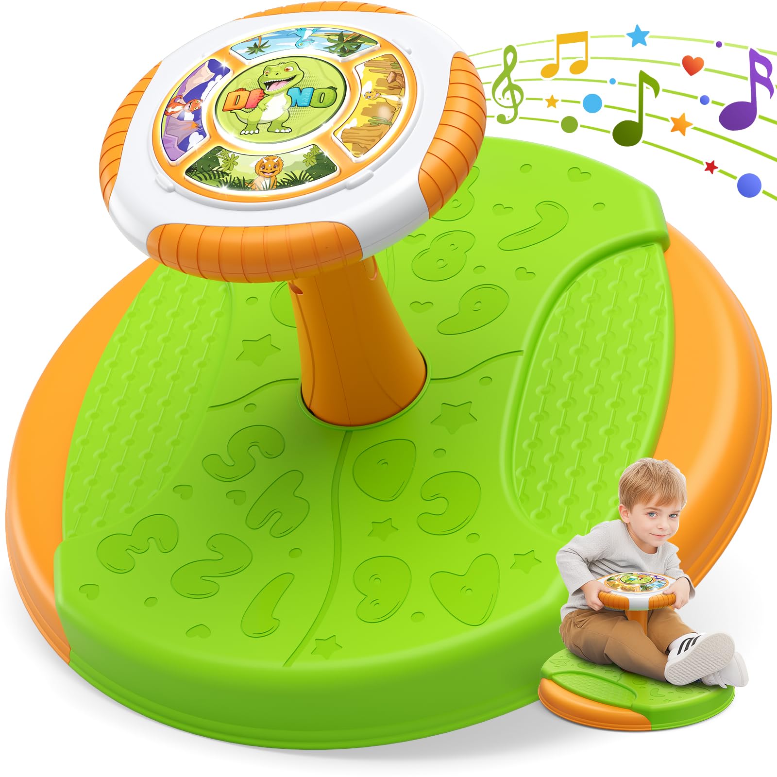 Dinosaur Sit and Spin Toy for Toddlers 3-5 Years - 360° Rotating Sensory Seat with LED Lights & Music - Best Birthday Gift for Boys & Girls - Perfect for Indoor Play, Preschool Activities & Sensory Development