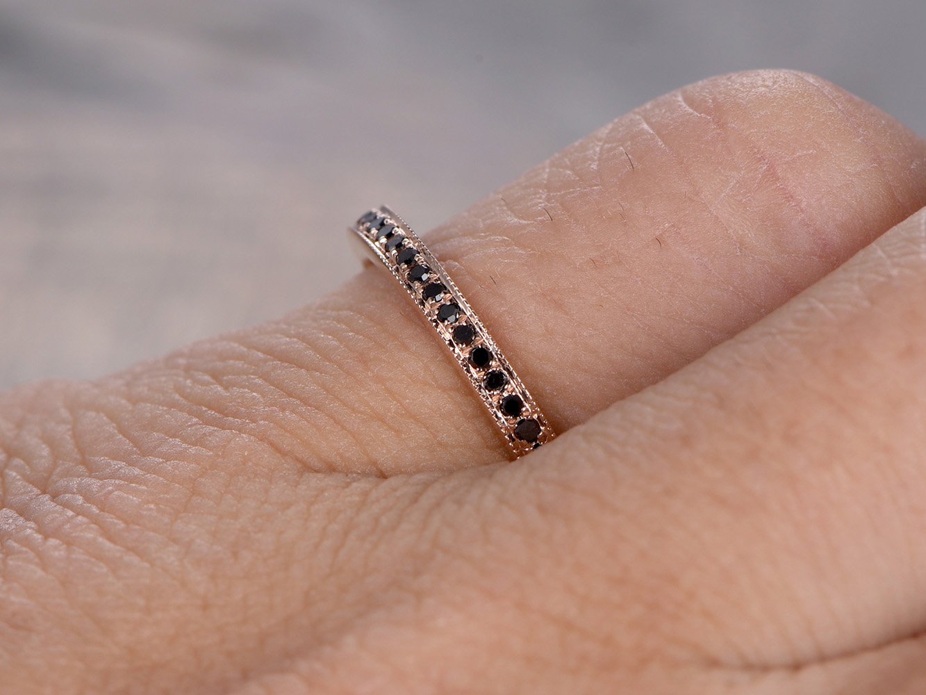 14K Rose Gold Black Diamond Wedding Band for Women - Half Eternity Ring with Milgrain Detailing | Elegant Bridal Jewelry & Anniversary Gift