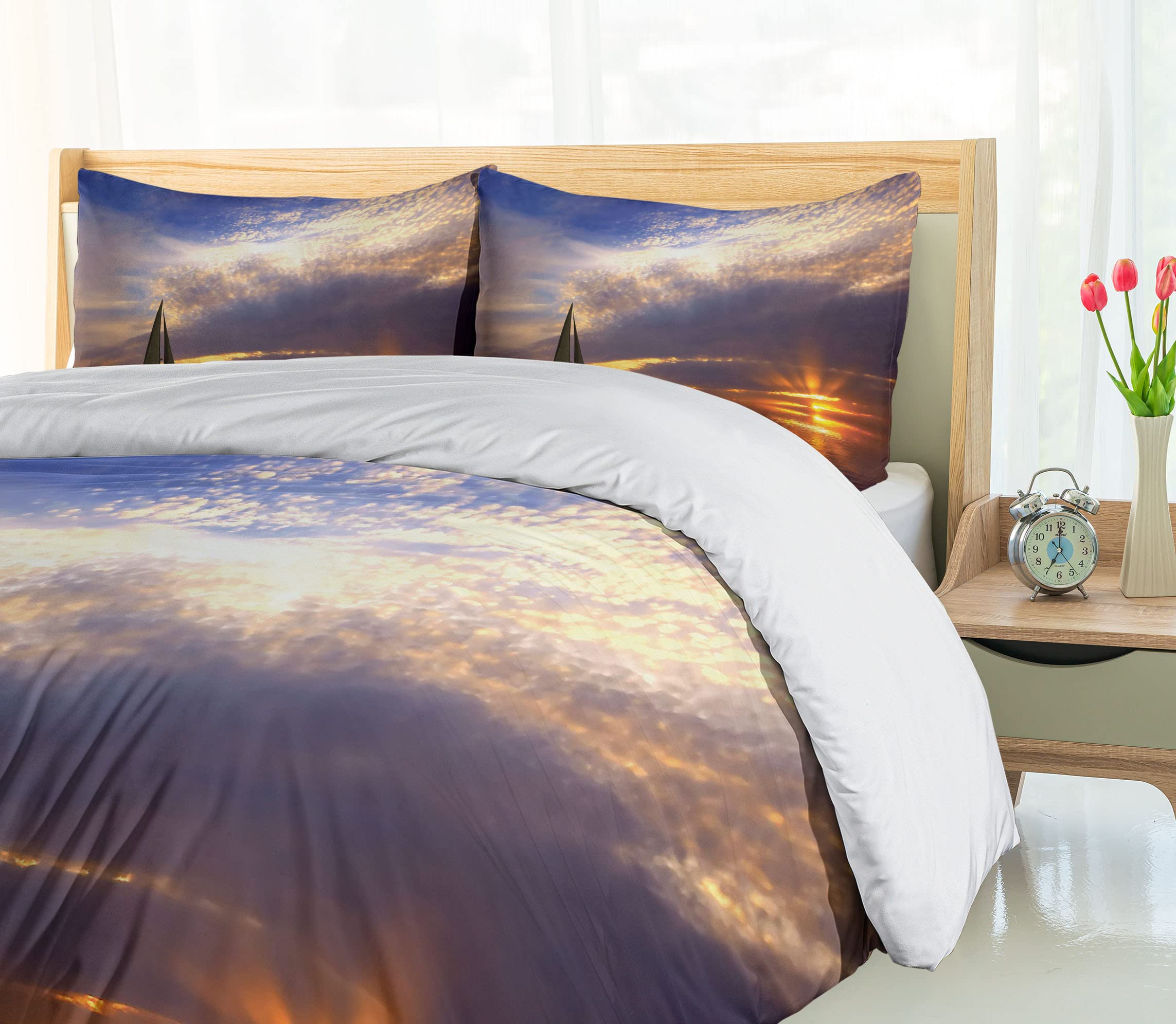 Ambesonne Sailboat Duvet Cover Set - Queen Size 3 Piece Bedding with 2 Pillow Shams | Nautical Themed Marigold Blue Grey Design | Perfect for Beach House Decor, Romantic Honeymoon Bedroom & Coastal Inspired Home Styling