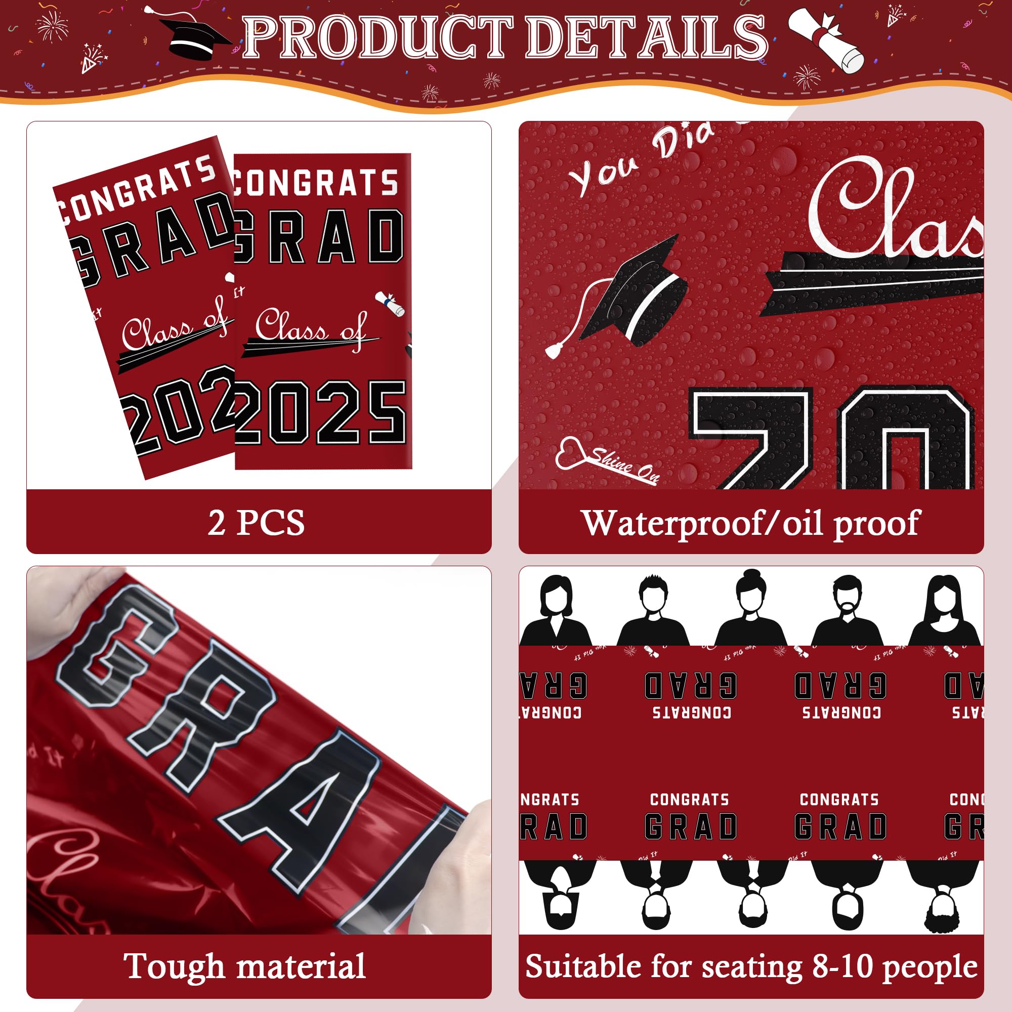 OHOME Class of 2025 Graduation Party Decorations Set - 2 Pack Maroon Disposable Plastic Tablecloths 54