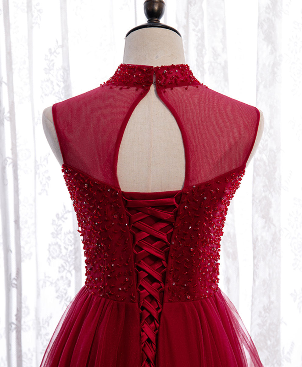 Elegant Burgundy High Neck Tulle Sequin Beaded Long Evening Gown for Women - Perfect for Prom, Gala, Wedding & Formal Events