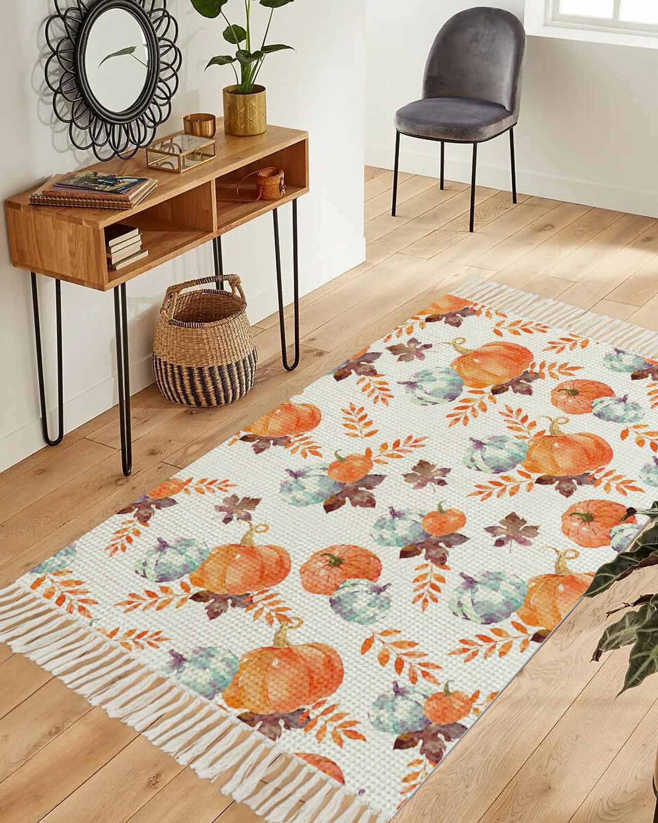 3x5ft Fall Orange Pumpkin Maple Leaf Harvest Runner Rug - Washable Woven Hallway Carpet with Tassels for Entryway, Kitchen & Laundry | Perfect for Autumn Decor, Farmhouse Style & Seasonal Home Accents