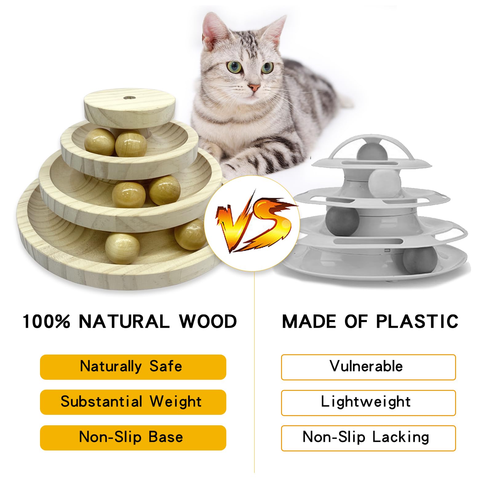 Interactive Cat Ball Track Toy - 3-Layer Wooden Maze with 6 Smooth Balls for Indoor Cats | Fun Exercise & Mental Stimulation Toy | No Assembly Required (Pine Wood) | Perfect for Playtime, Boredom Relief & Keeping Cats Active