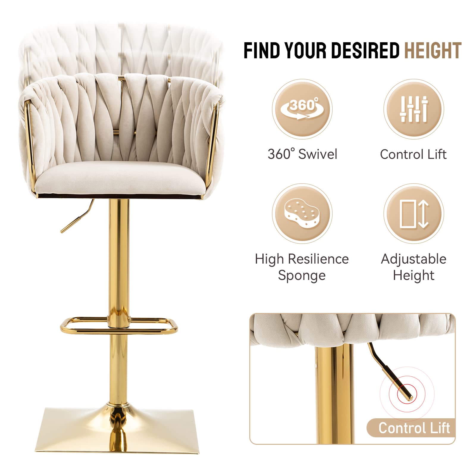 NIOIIKIT Velvet Upholstered Swivel Bar Stool Set of 2 - Counter Height Dining Chairs with Hand Woven Backrest & Footrest - Kitchen Island, Pub, Bar Counter Stools for Home & Restaurant (Ivory)
