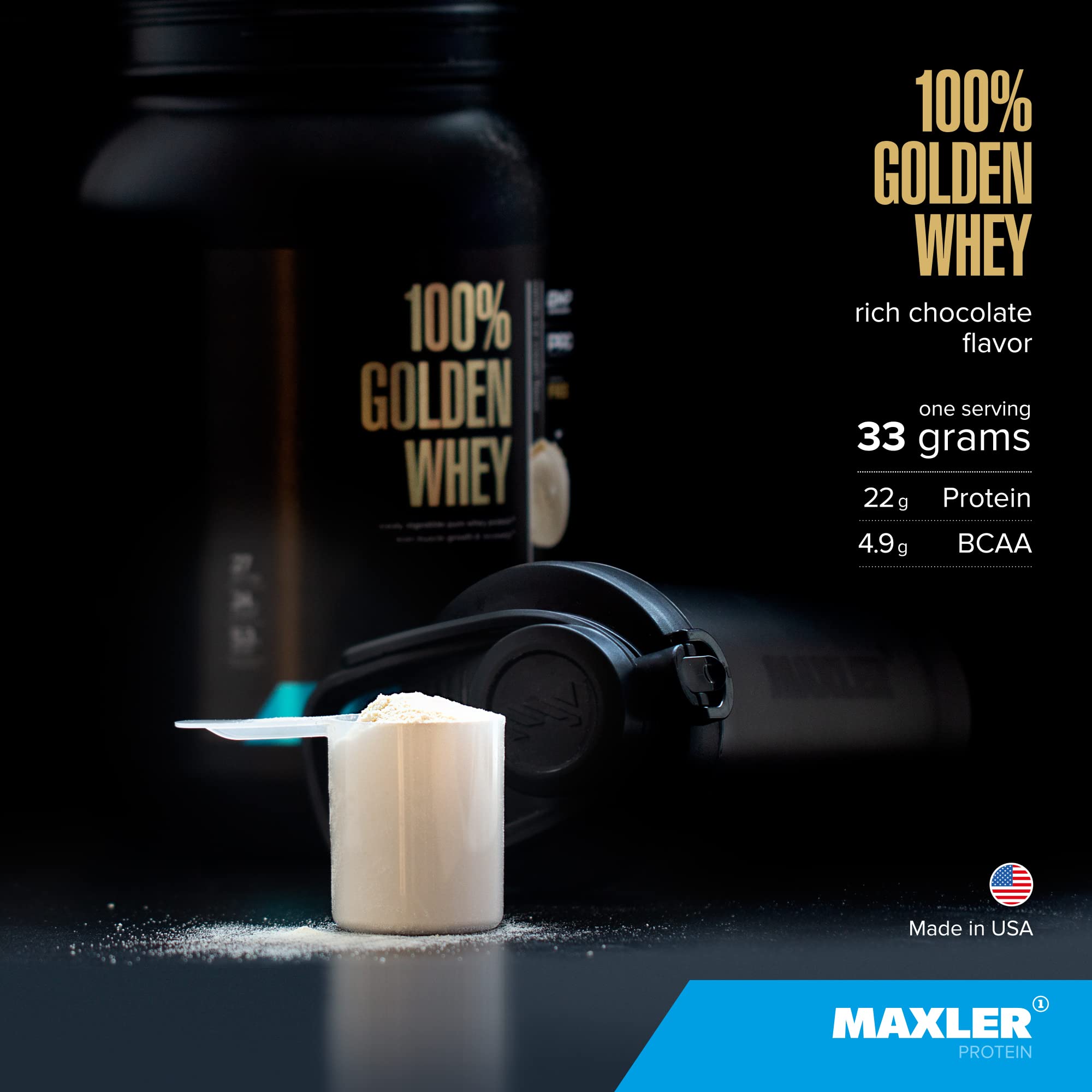 Maxler 100% Golden Whey Protein Powder - 22g Protein per Serving, Low Fat & Low Carb, Rich Chocolate Flavor (2 lbs) - Post-Workout Recovery & Muscle Building Supplement for Athletes & Fitness Enthusiasts