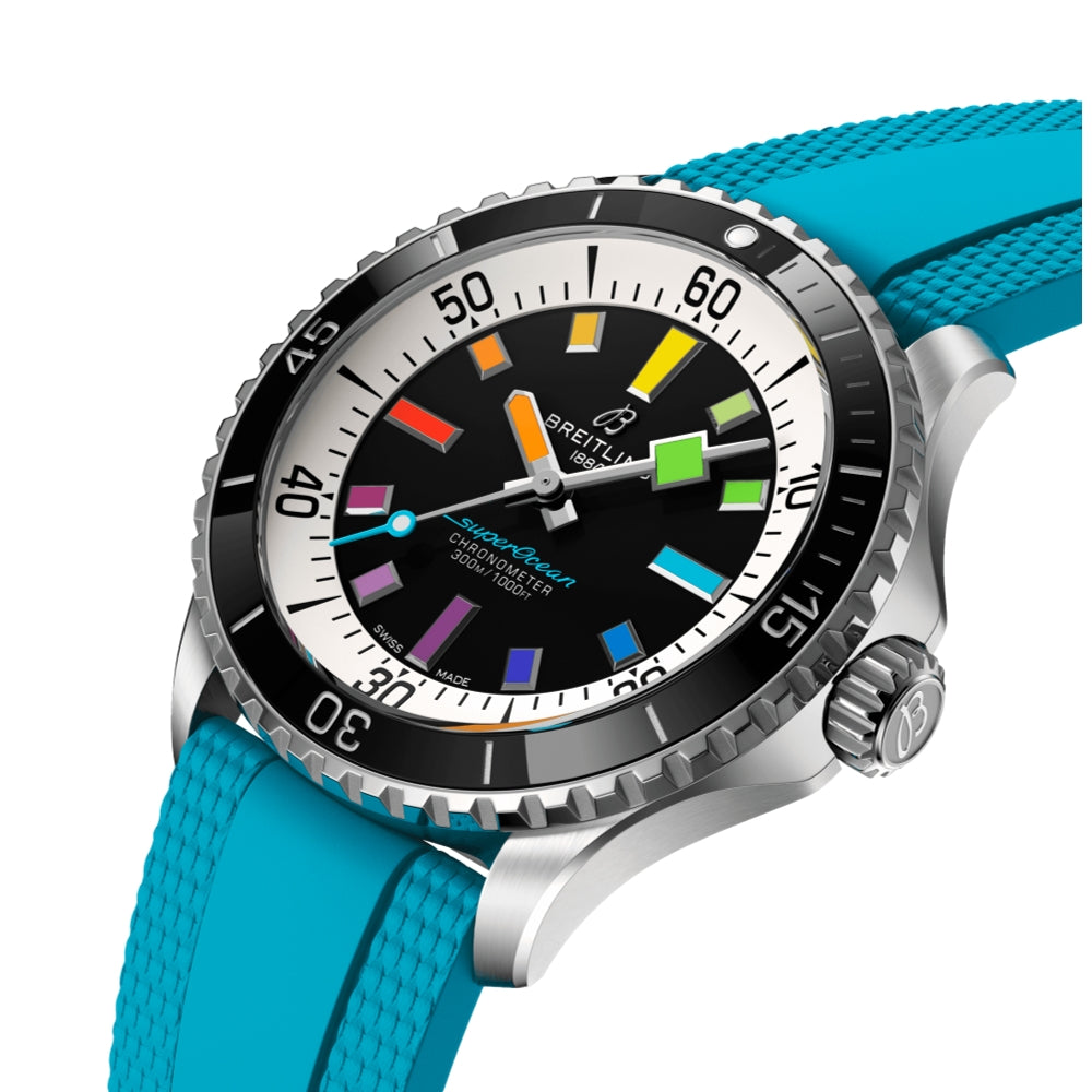 Superocean Automatic 42mm Men's Dive Watch - Black Dial with Rainbow Indices on Blue Rubber Strap | Waterproof Luxury Watch for Scuba Diving, Swimming & Outdoor Adventures