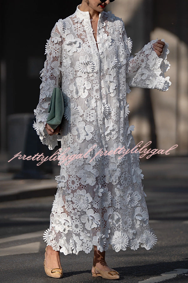 Elegant Solid Color Hollow Embroidery Loose Long Sleeve Midi Dress for Women - Perfect for Casual Outings, Date Nights & Summer Vacations