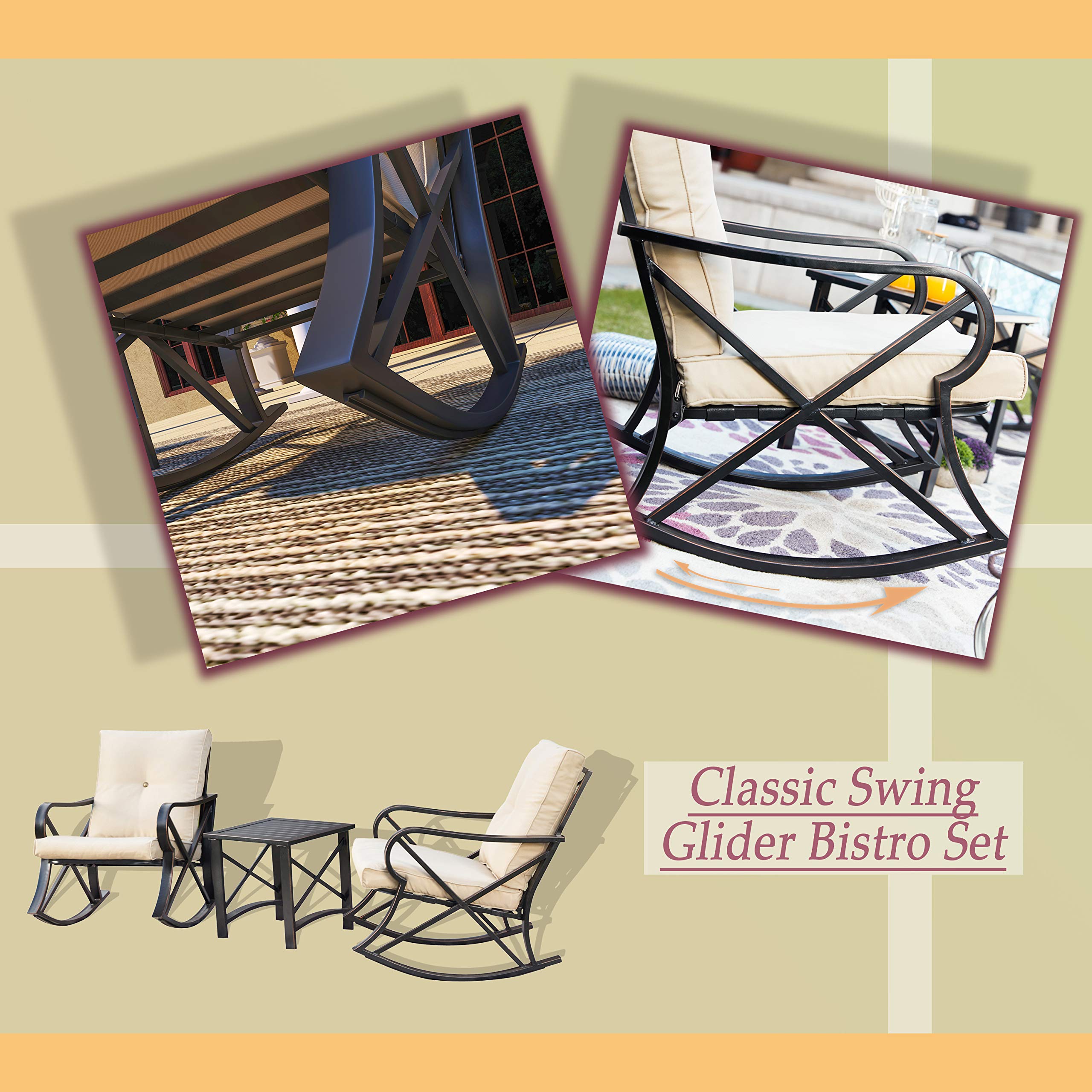 Modern Outdoor Bistro Set with Rocking Chairs & Coffee Table - 3-Piece Metal Patio Furniture Conversation Set with Thick Cushions for Backyard, Lawn, Porch, Poolside - Perfect for Relaxing, Entertaining & Enjoying Summer Days (Khaki)