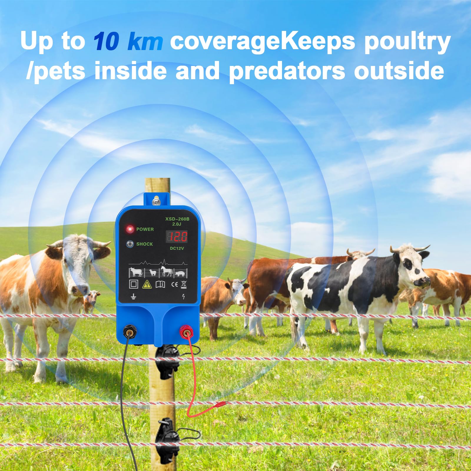 High-Powered 2 Joules/10.5kV Electric Fence Charger for Livestock & Wildlife Prevention - Covers 6.32 Miles/50 Acres - Plug-in Electric Fence Power Supply for Farms, Poultry, Gardens & Agricultural Use - Ideal for Protecting Crops, Animals & Property from Intruders