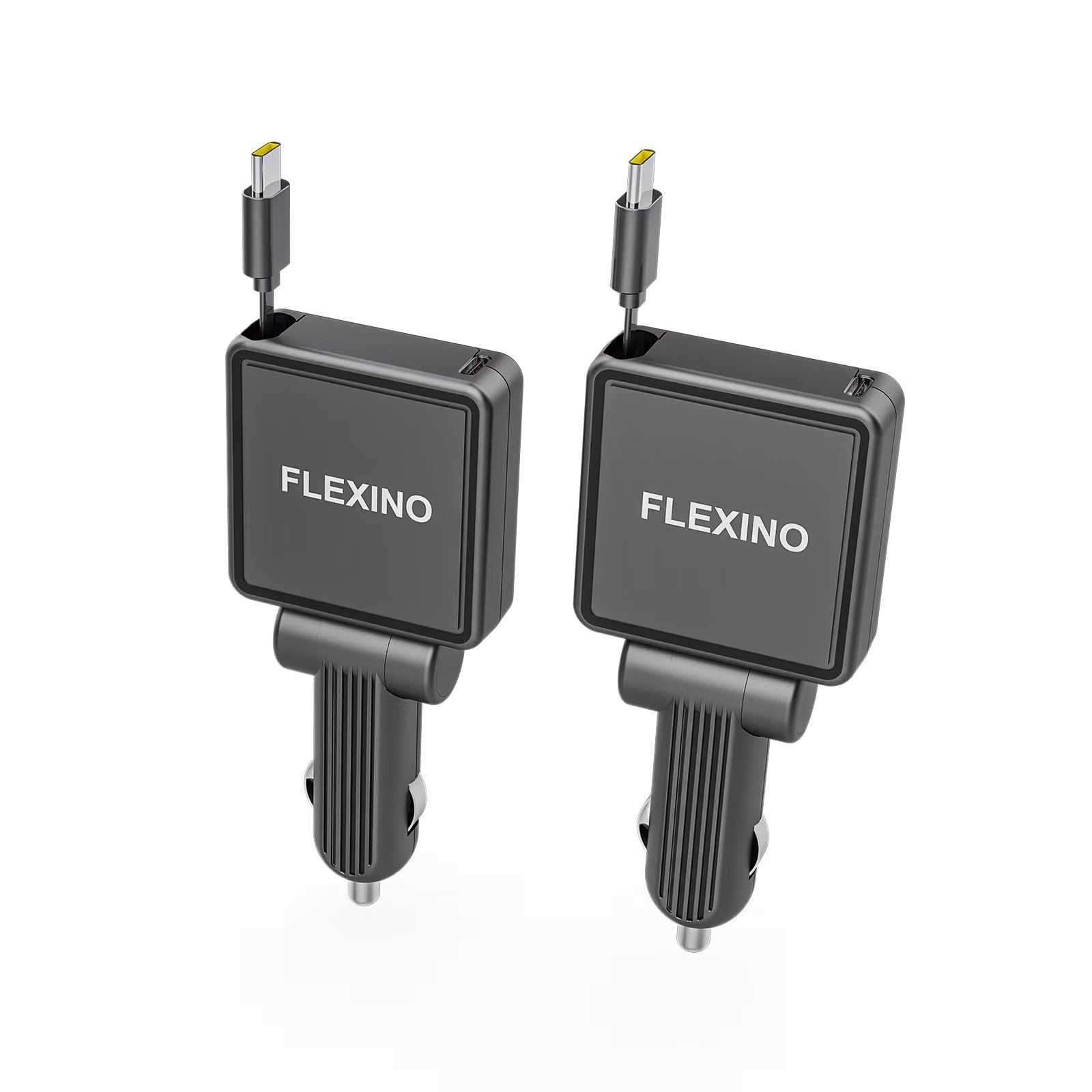Ultra-Slim Flexino 45W Fast Car Charger with Retractable 2.6ft USB-C Cable - Compatible with iPhone 16/15 & Galaxy - 2 Pack Black - Perfect for Road Trips & Daily Commutes