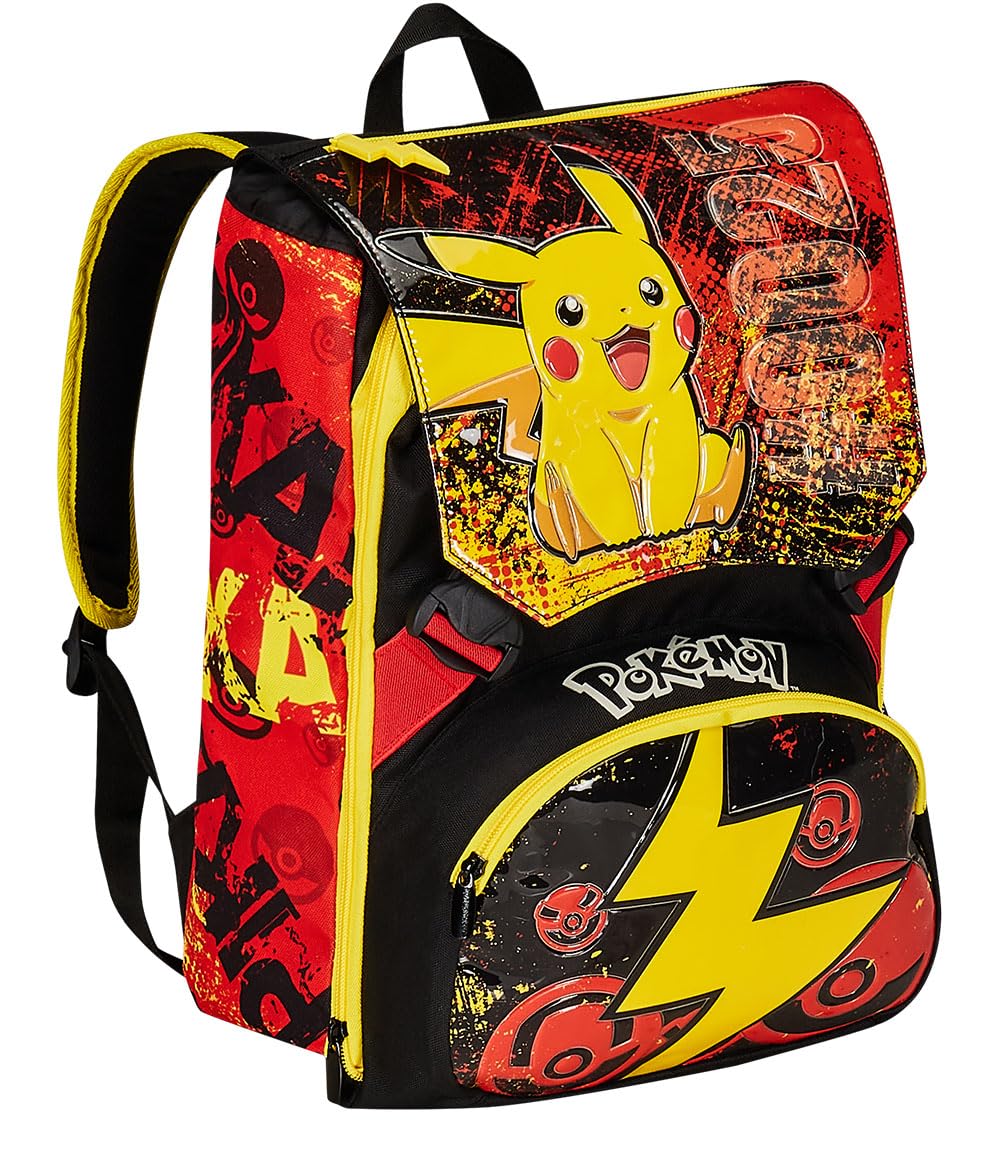 Pokemon Pikachu Backpack for Kids - Yellow & Red, Expandable with Double Compartments & Water Bottle Pocket - Perfect for School & Travel