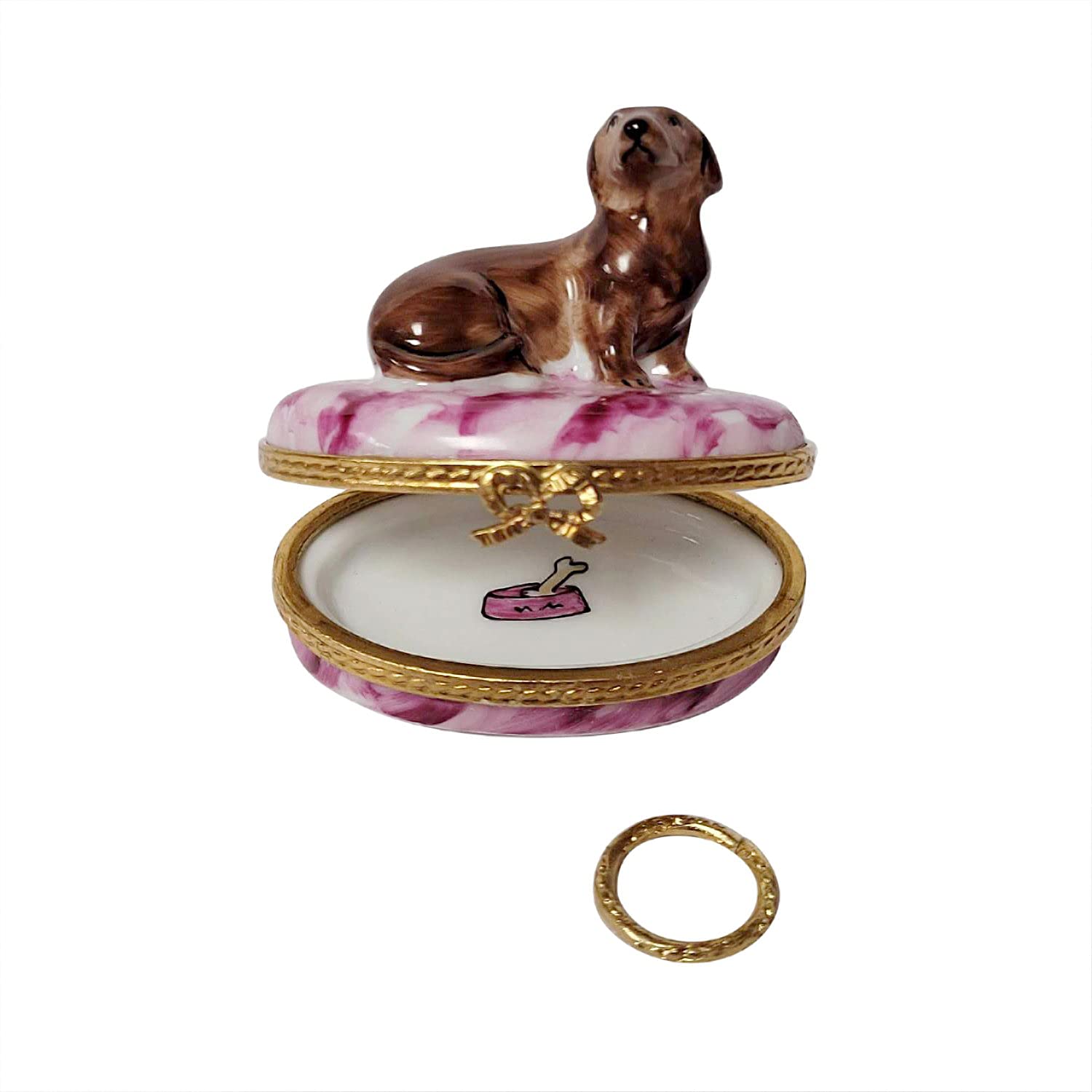 Limoges Porcelain Dachshund Trinket Box with Removable Brass Dog Collar - Hand-Painted Collectible Jewelry Storage | Perfect for Home Decor, Gift Giving & Keepsake Organization