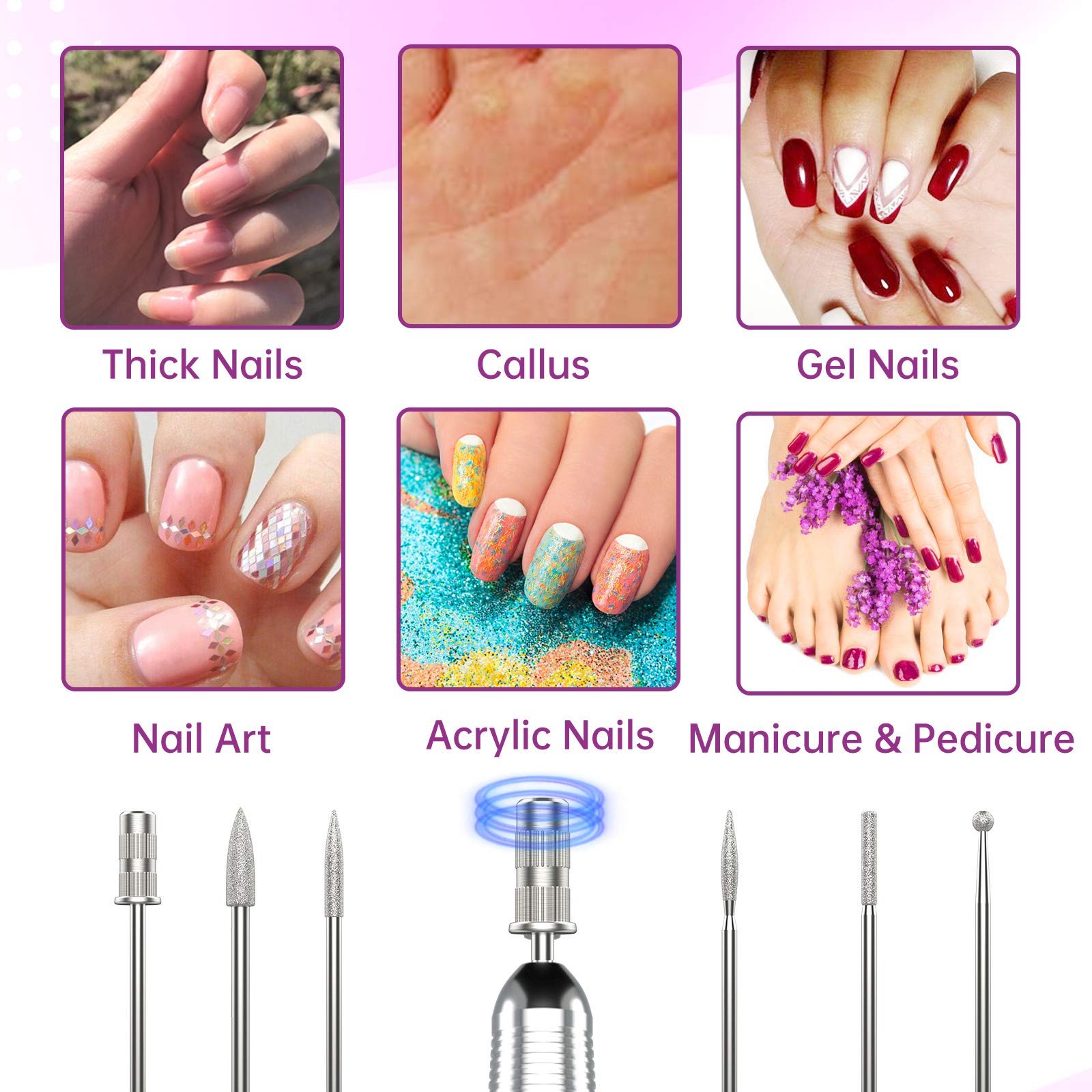 Delanie Professional Portable Electric Nail Drill Machine - 35000 RPM Rechargeable Cordless Nail Filer for Acrylic, Gel & Dip Powder Nails | Salon & Home Manicure Tool | Perfect for Nail Art & DIY Nail Care (Violet)