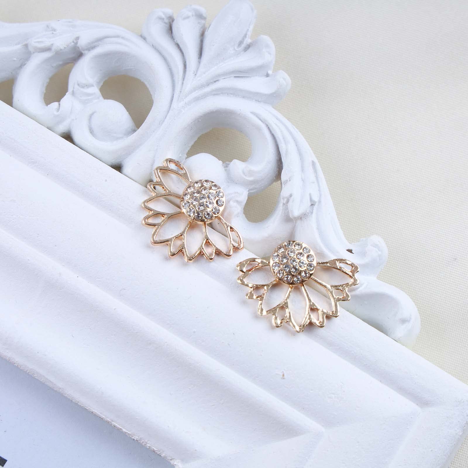 Vintage Lotus Flower Ear Jackets Earrings - Gold Rhinestone Crystal Studs for Women - Front & Back Two-Way Wearing Style - Perfect for Weddings, Parties & Everyday Elegance