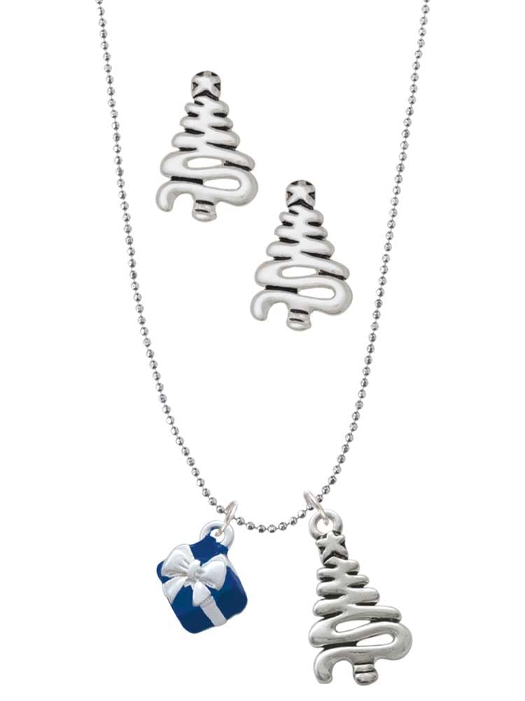 Delight Jewelry Sterling Silver 3D Enamel Gift Box Charm Necklace Set with Christmas Tree Pendant & Stud Earrings - Perfect Holiday Gift for Women, Christmas Party Accessories