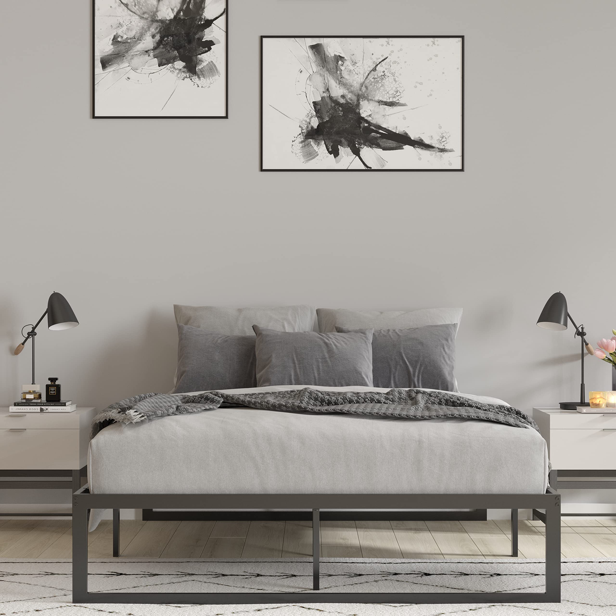 Merrick Lane Varallo 14 Inch Queen Size Black Steel Bed Frame with Steel Slat Support - No Box Spring Needed - Perfect for Modern Bedrooms & Guest Rooms