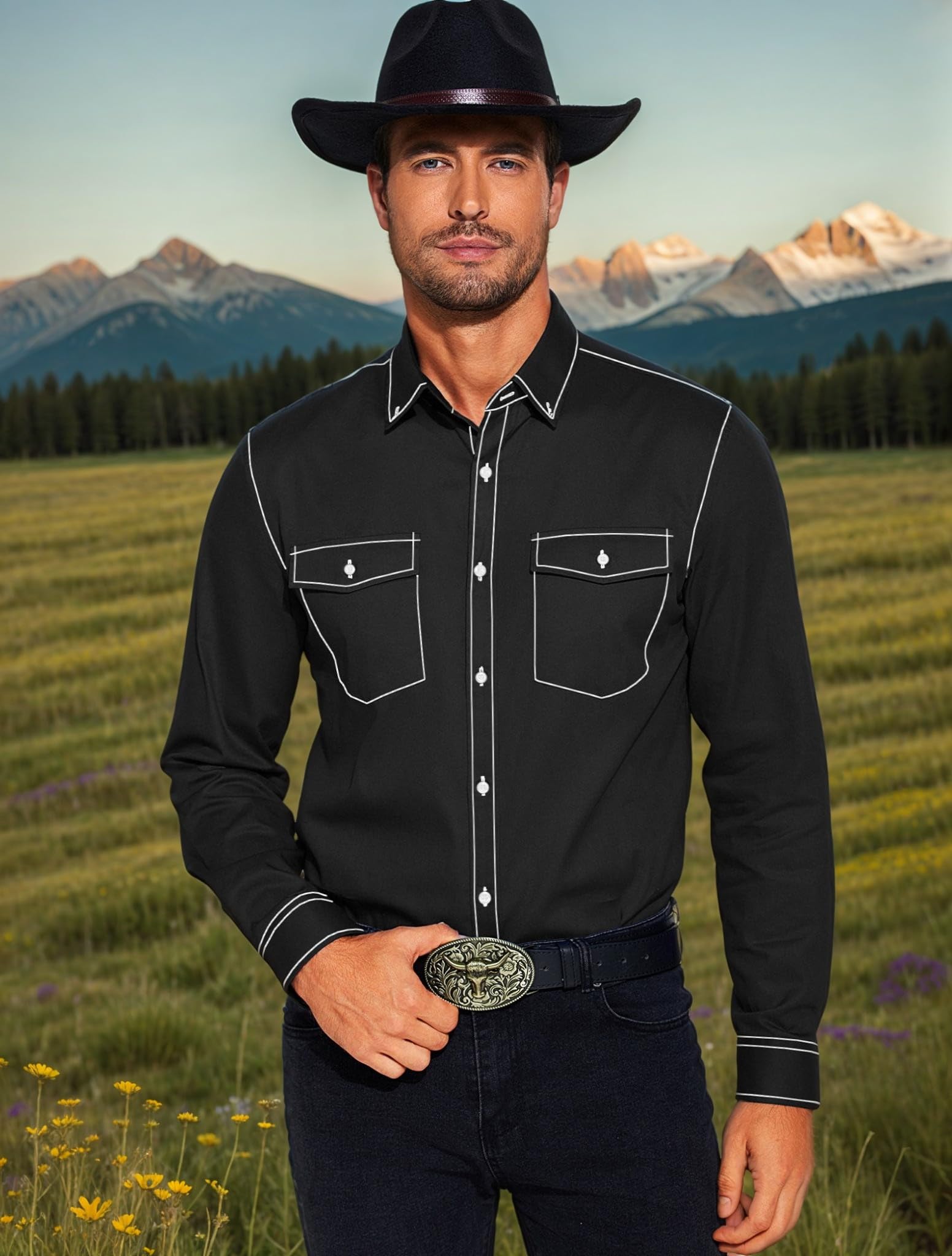 COOFANDY Men's Western Cowboy Shirts - 100% Cotton Long Sleeve Button Down Shirt with Two Front Pockets & Embroidered Design | Perfect for Rodeo, Country Music Festivals & Western Style Outfits
