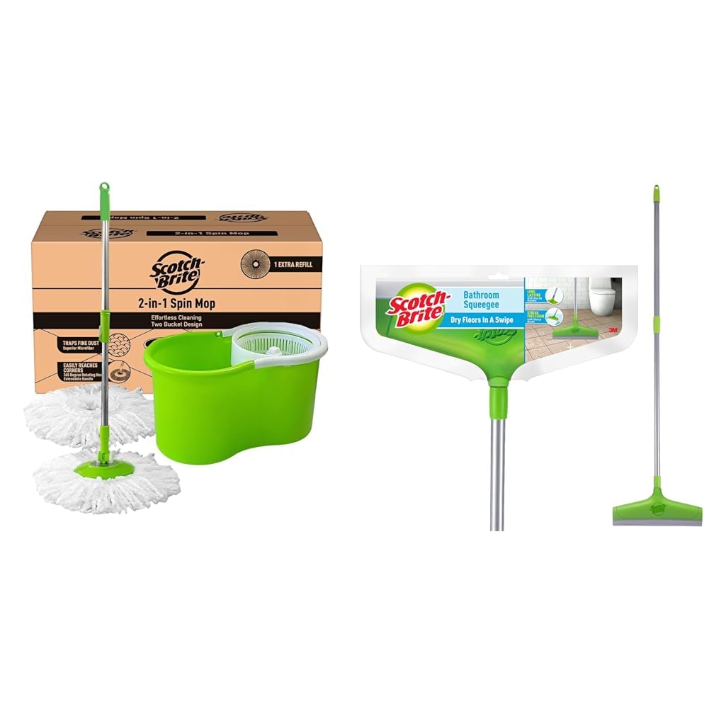 Scotch-Bite 2-in-1 Bucket Spin Mop with 2 Refills (Green, 4-Piece Set) - Easy Floor Cleaning for Hardwood, Tile & Laminate Floors