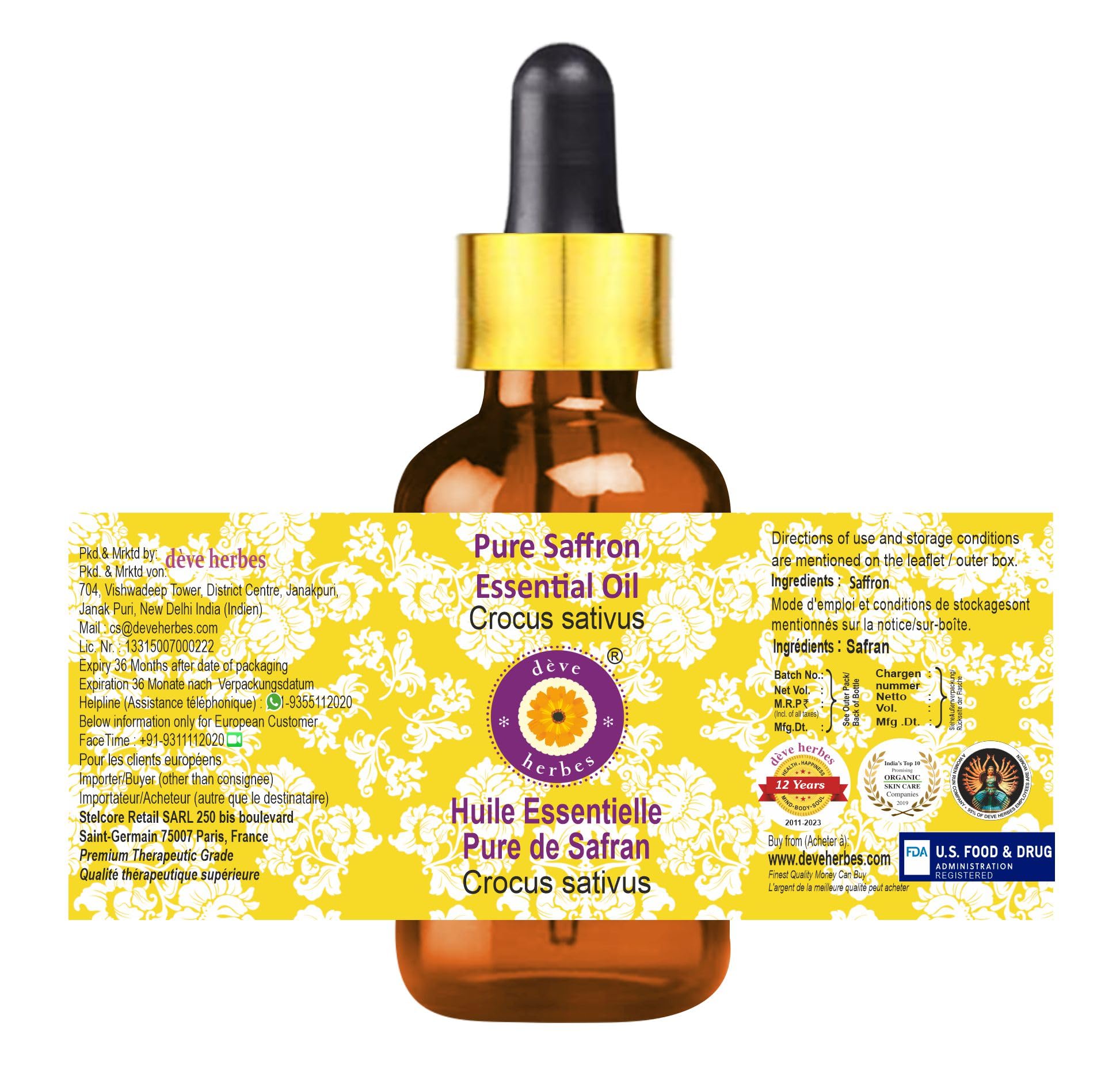 Pure Saffron Essential Oil (Crocus Sativus) 100ml (3.38 oz) - Steam Distilled with Glass Dropper - Premium Aromatherapy Oil for Relaxation, Skincare & Diffuser Blends