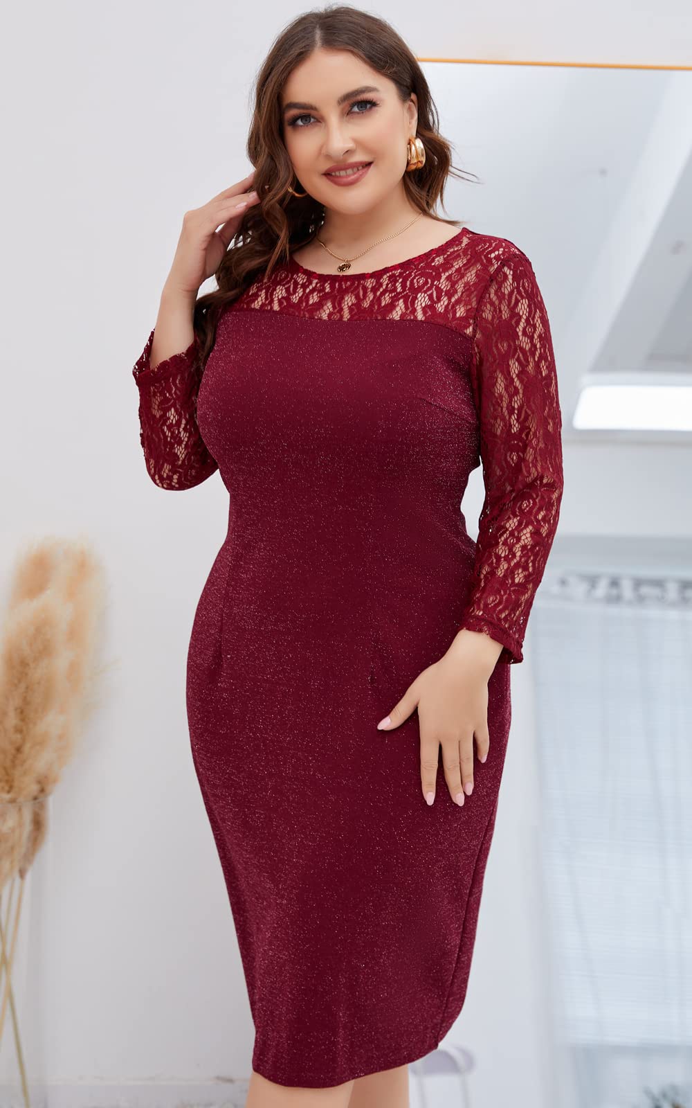 Plus Size Floral Lace Cocktail Dress - Elegant Long Sleeve Knee-Length Party Gown for Women | Perfect for Evening Events, Weddings & Special Occasions