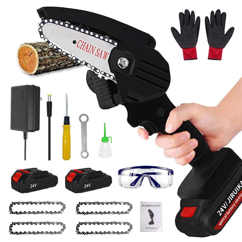 4-Inch Mini Chainsaw Cordless Electric - Lightweight 0.7kg Handheld Chainsaw with Battery, 4 Chains & Splash Guard - Perfect for Garden Tree Pruning, Wood Cutting & Branch Trimming (Black) - Ideal for DIY Projects, Landscaping & Home Gardening