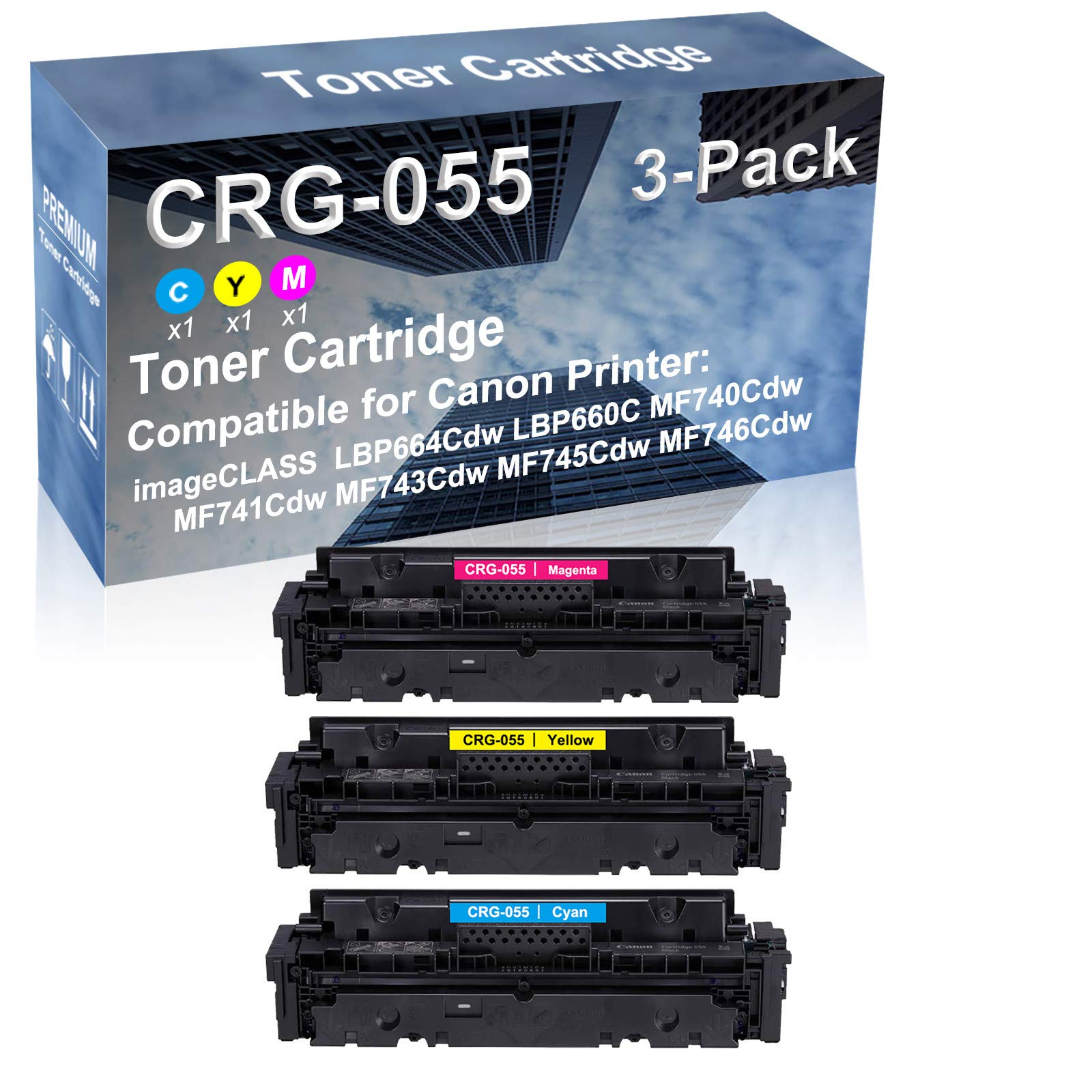 3-Pack (Cyan+Yellow+Magenta) High Yield CRG-055 Compatible Toner Cartridge for Canon Color ImageClass MF743Cdw MF745Cdw MF746Cdw Laser Printers - Office & Home Printing, Business Documents, Color Flyers & Photo Projects (Pre-Installed Chip)